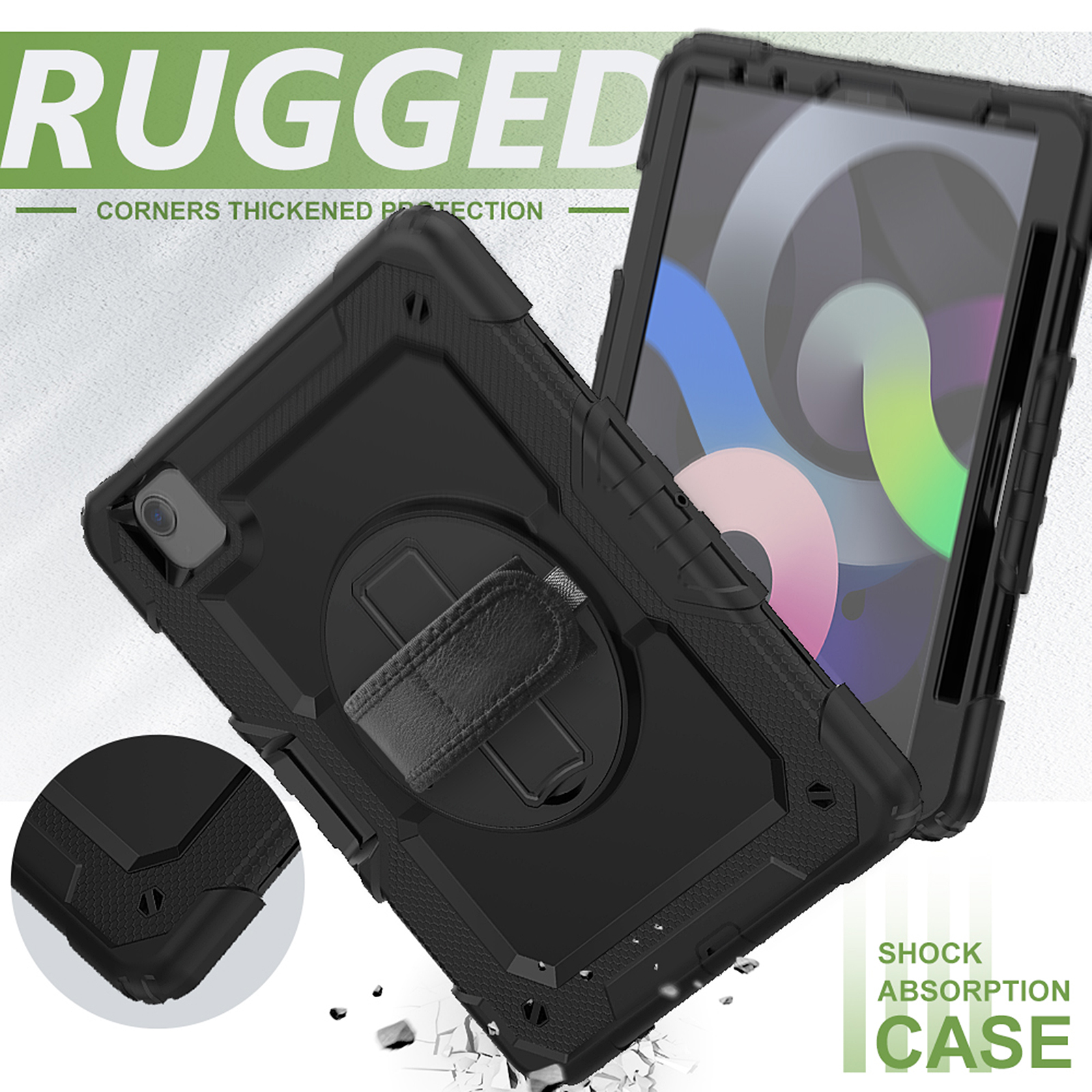 Schwarze, robuste Tablet-Hülle. Schwarzes Innere. Tablet innen. Ecken verdickt.