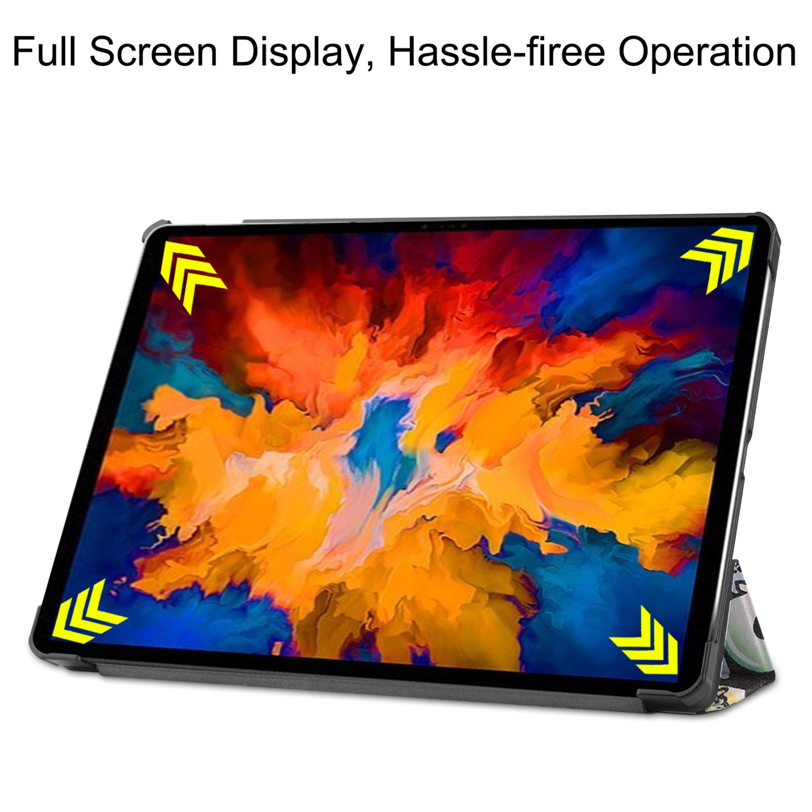 Ein Tablet mit farbenfrohem Bildschirm, mit Pfeilen, die auf die Ecken zeigen. Text: Vollbildanzeige.