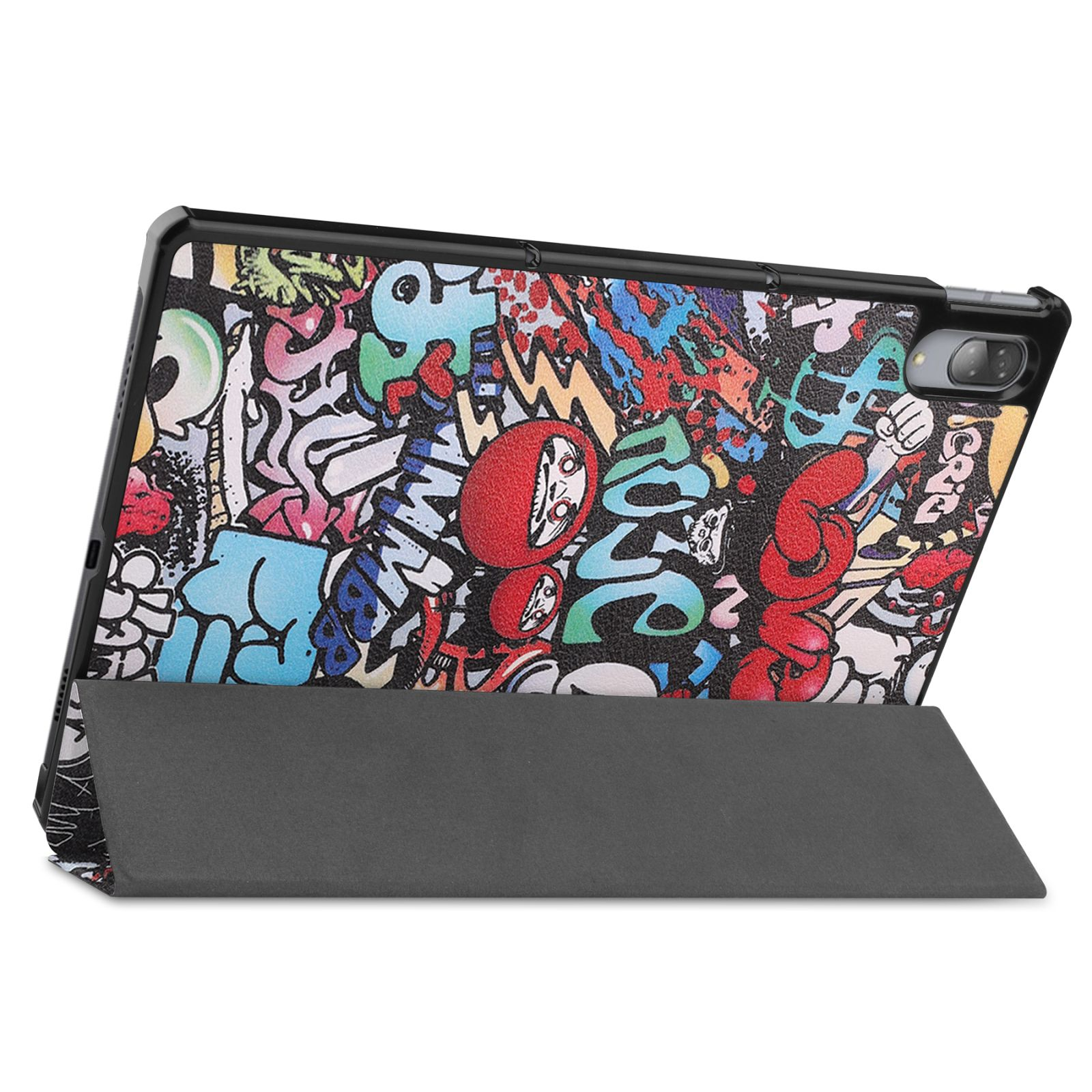 Tablet-Hülle mit Graffiti-Design auf der Rückseite, schwarzem Rahmen und Ständerfunktion.