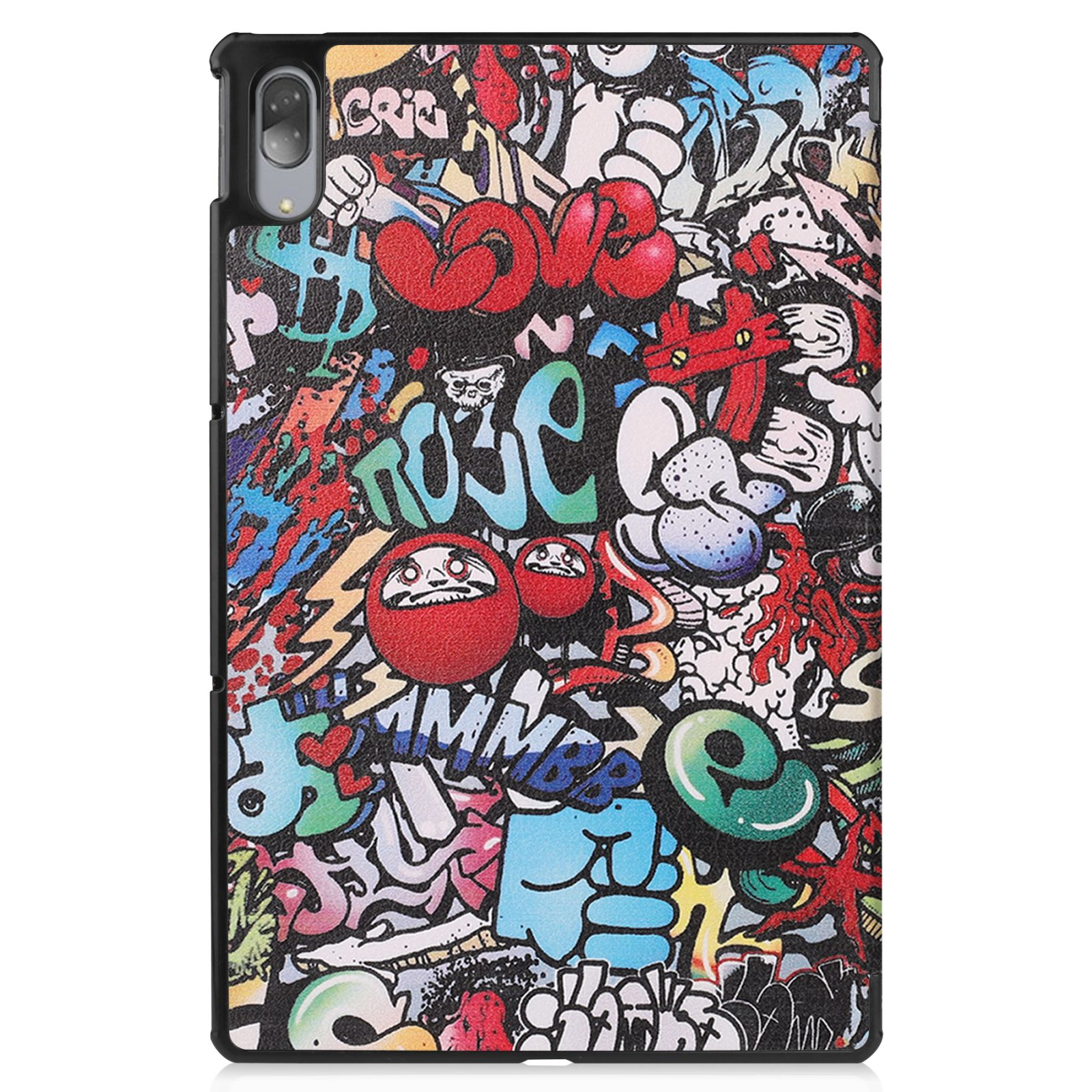 Tablet-Hülle mit Graffiti-Kunst. Bunte Wörter und Bilder bedecken die Oberfläche.