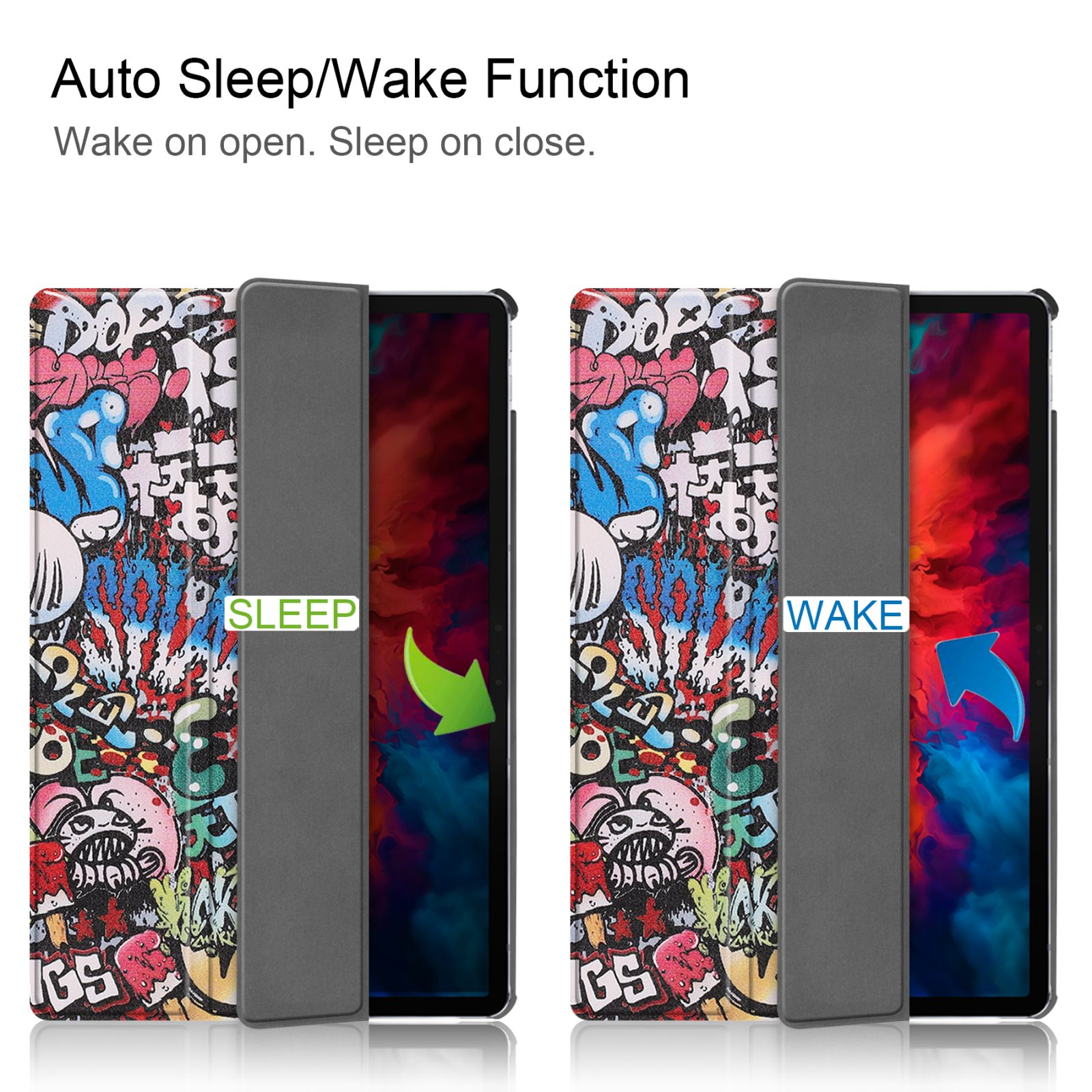 Zwei Tablethüllen mit Graffiti-Kunst. Eine geschlossen mit 'Sleep', die andere offen mit 'Wake'.