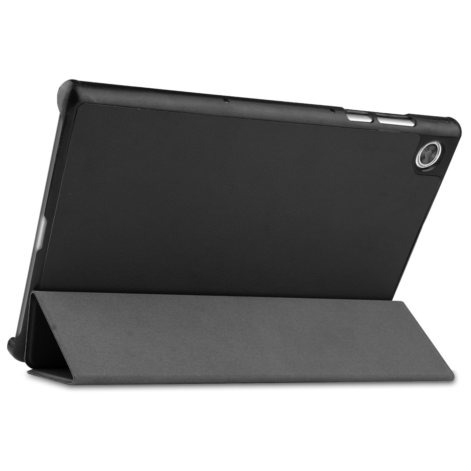 Tablet in schwarzer Hülle mit grauem Ständer. Das Tablet ist einsatzbereit positioniert.