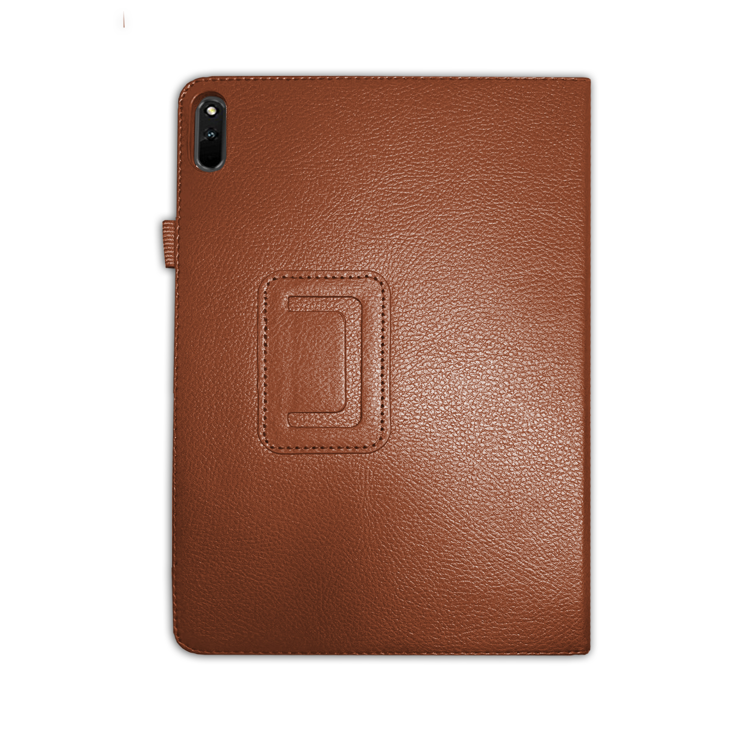 Eine braune Tablethülle mit sichtbarer Kamera und quadratischem Ausschnitt.