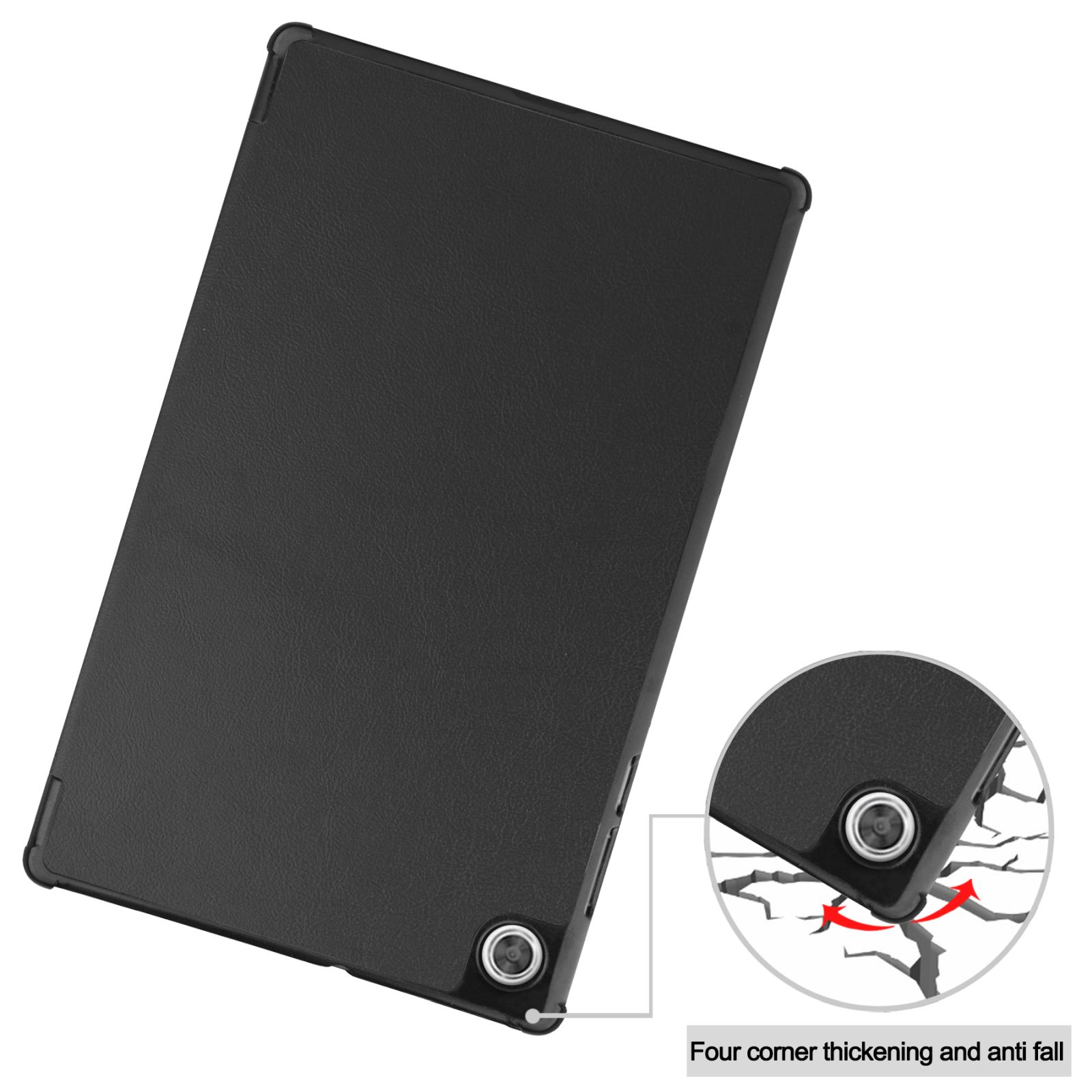 Eine schwarze Tablet-Hülle. Die Hülle ist geschlossen. Die Ecke hat ein Design zum Schutz vor Stürzen.