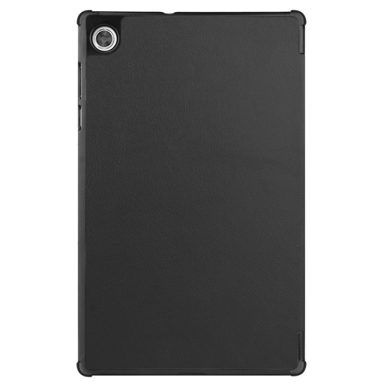 Eine schwarze Tablet-Hülle mit Kameraobjektiv oben links. Die Oberfläche hat ein strukturiertes Aussehen.