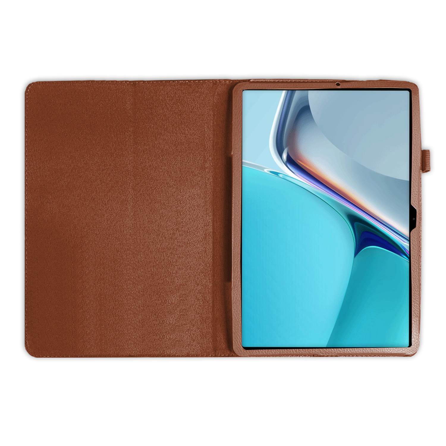 Geöffnete Tablet-Hülle, braunes Leder außen, Tablet-Bildschirm sichtbar.