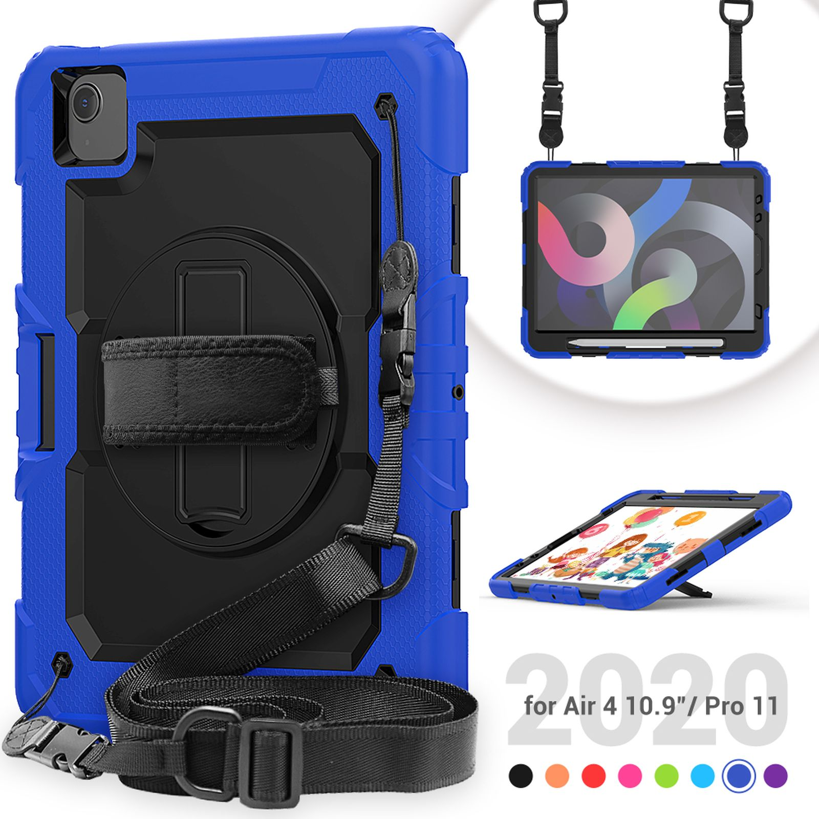 Blaue Tablet-Hülle mit Riemen, schwarzer Halter. Zusätzliche Bilder zeigen verschiedene Winkel und Verwendung.