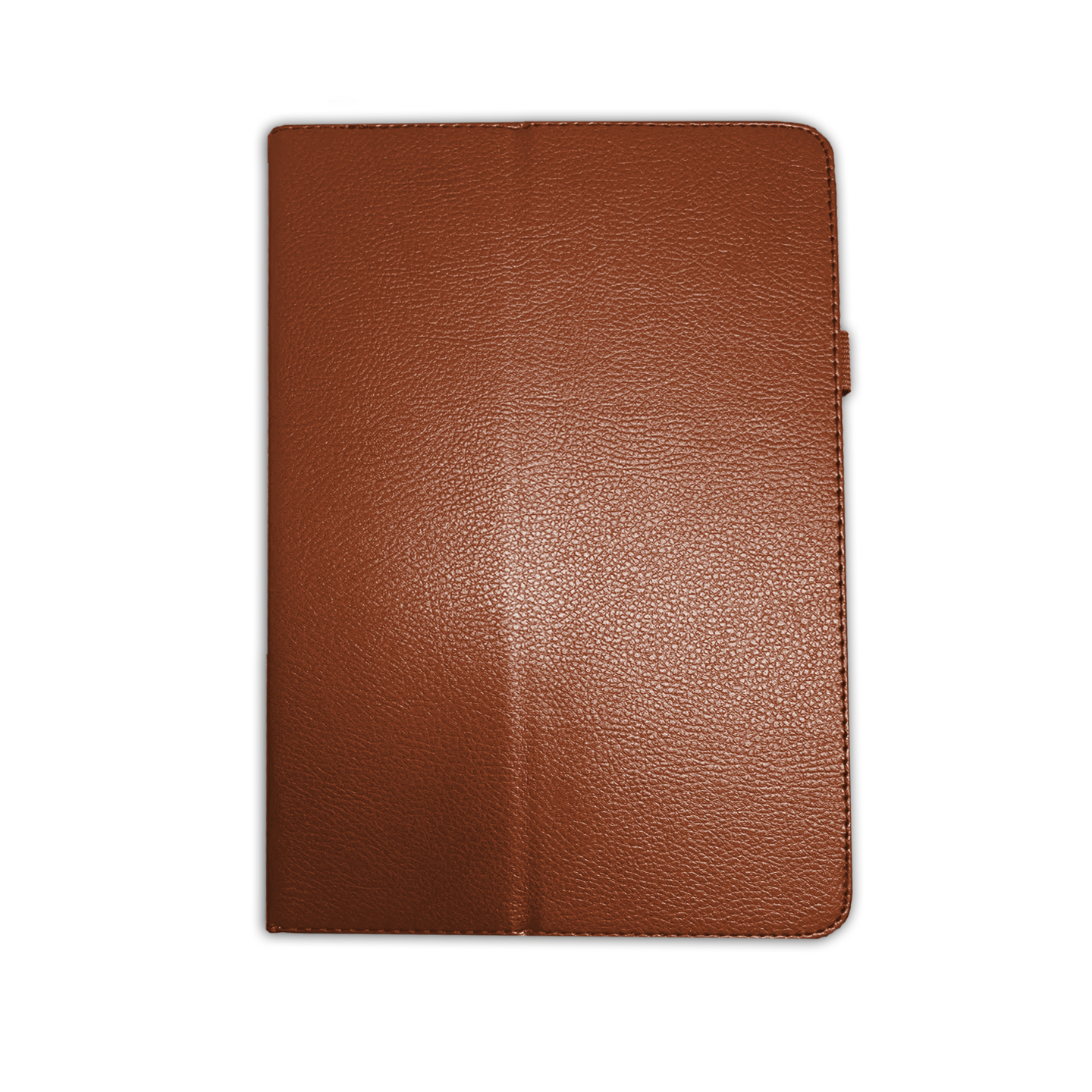 Tablet-Hülle, braunes Leder. Geschlossen. Weißer Hintergrund.