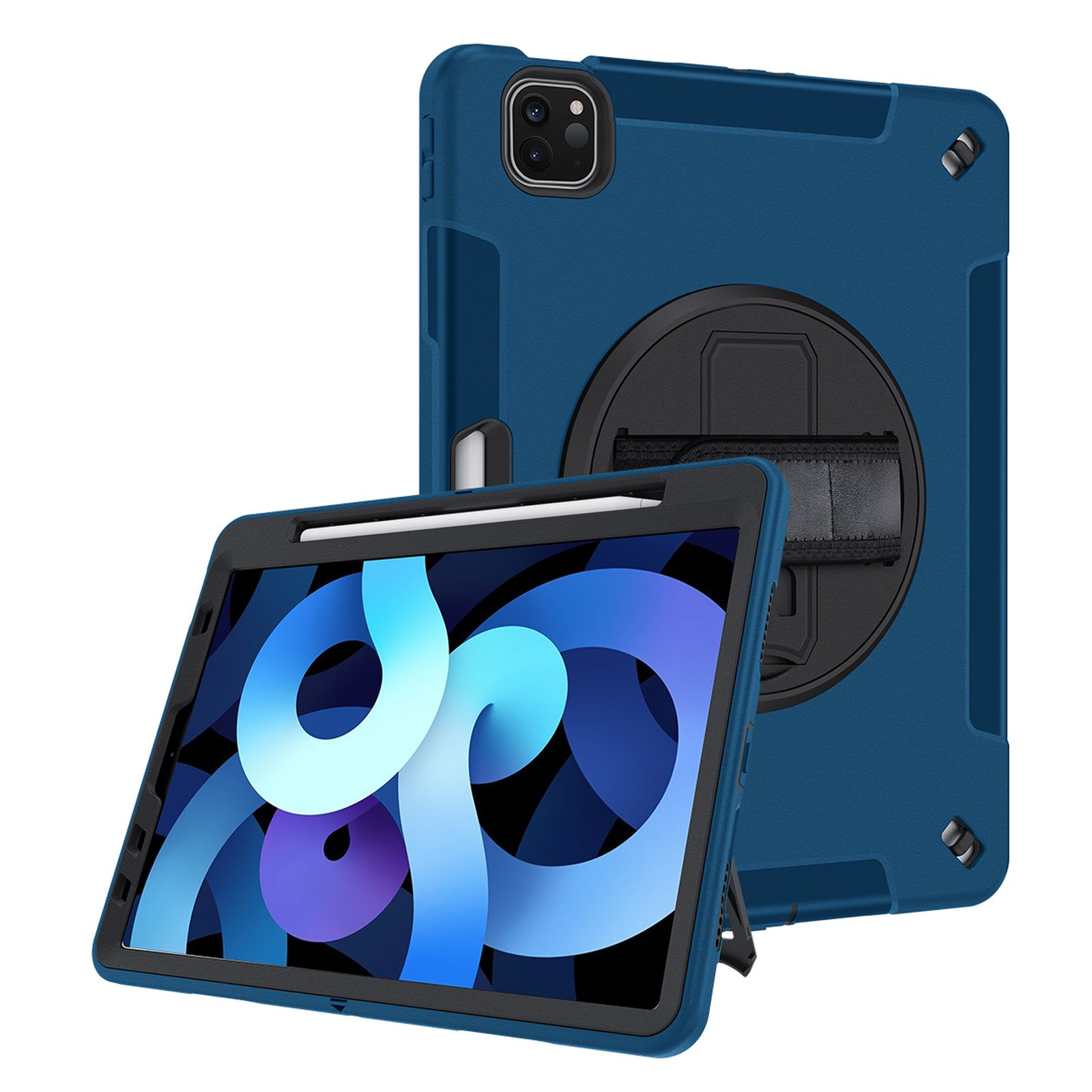 Blaue Tablet-Hülle mit einem Tablet darin. Die Hülle hat auch eine Handschlaufe und Stifthalter.