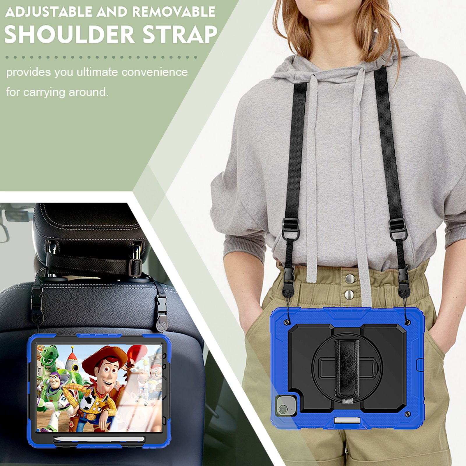 Ein Tablet in einer blauen Hülle, gehalten von einer Frau. Ein anderes Tablet hängt an einer Kopfstütze.