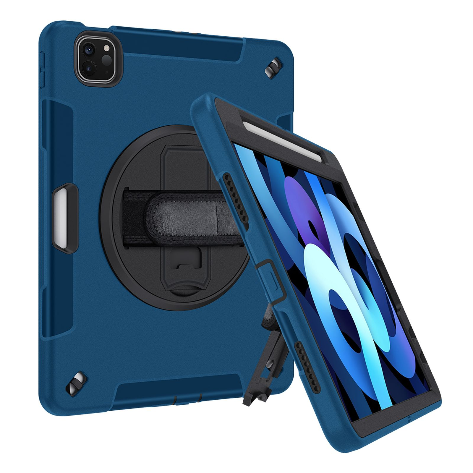 Eine blaue Tablethülle. Sie hat eine Handschlaufe und einen Ständer. Das Tablet ist blau und schwarz.