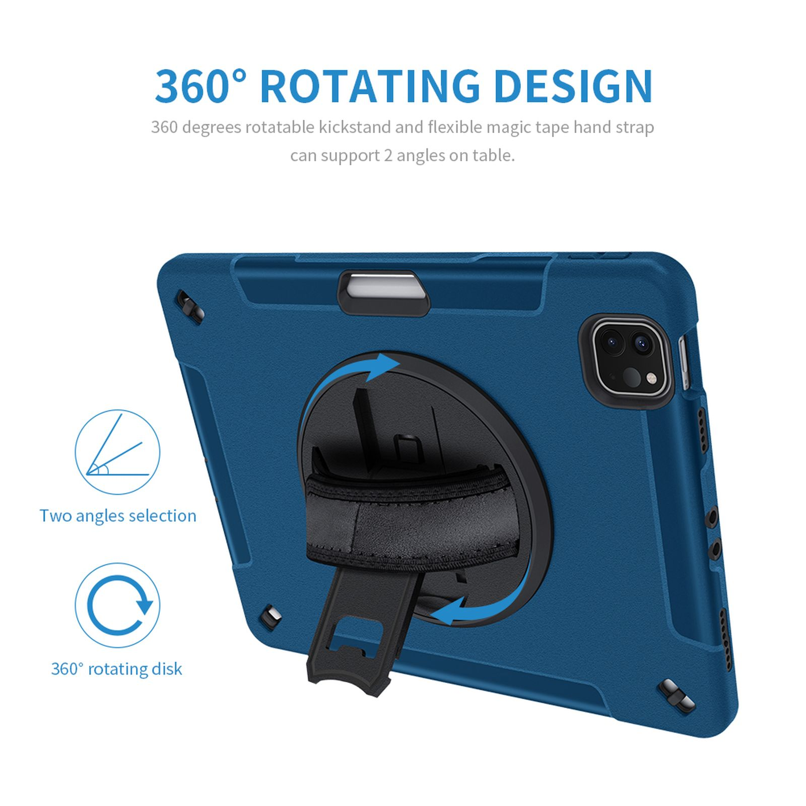 Eine blaue Tablet-Hülle mit drehbarem Ständer und Handschlaufe. Text lautet '360° ROTATING DESIGN'.