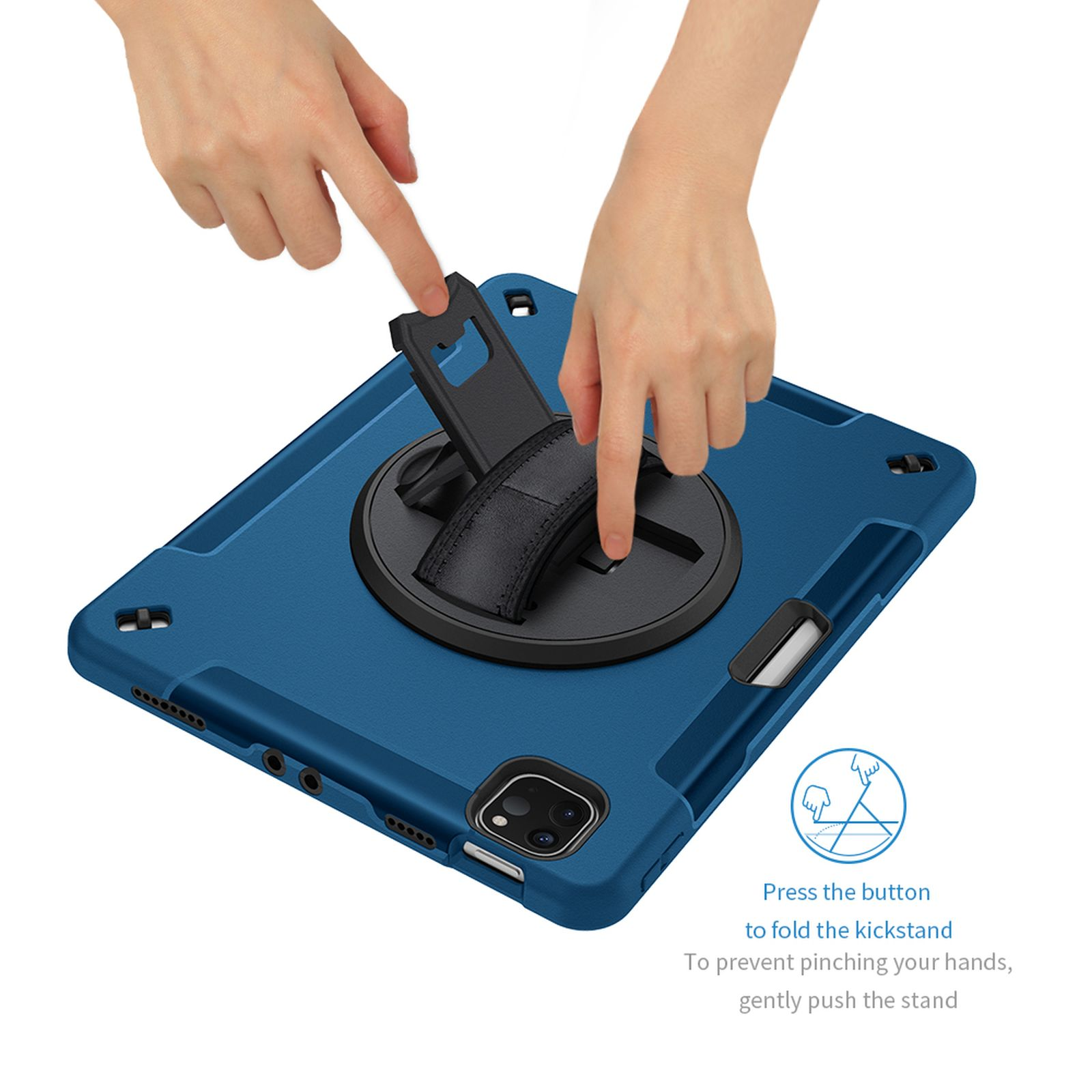 Hände montieren eine Tablet-Hülle mit blauem Akzent und Ständer. Drücken der Taste zum Zusammenklappen des Ständers.