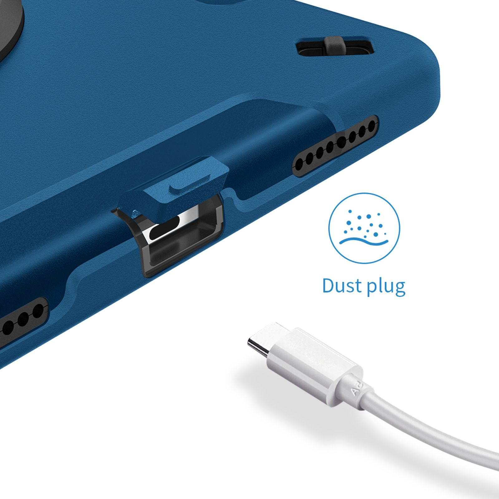 Eine blaue Handyhülle mit Ladeanschluss und weißem Kabel.