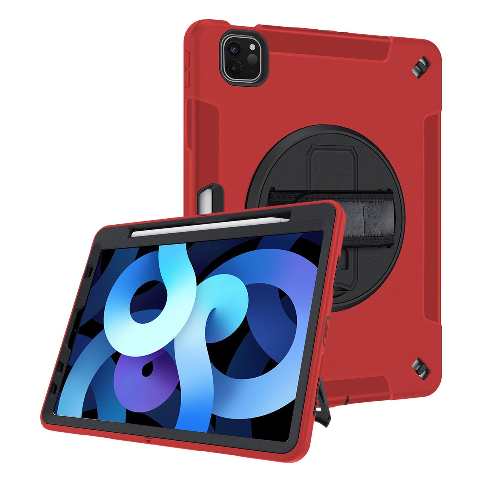 Rote und schwarze iPad-Hülle mit Handschlaufe und Tablet.