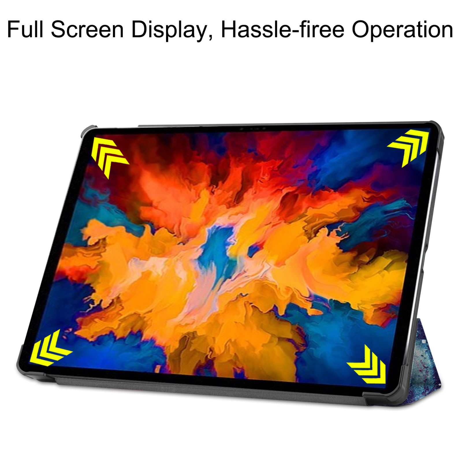 Tablet mit farbenfroher, abstrakter Anzeige. Gelbe Pfeile zeigen auf die Bildschirmkanten.