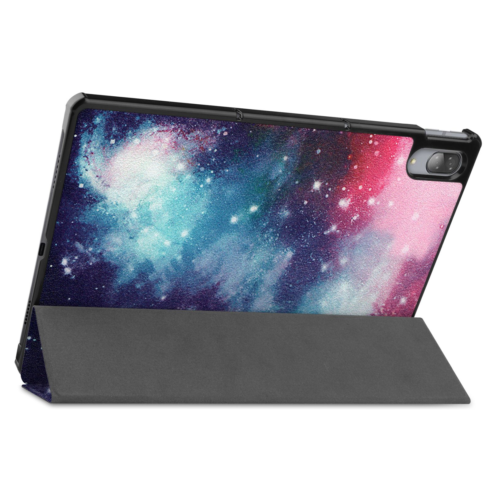 Tablet in einer Hülle mit Galaxie-Design, aufgestellt. Die Rückseite ist sichtbar.