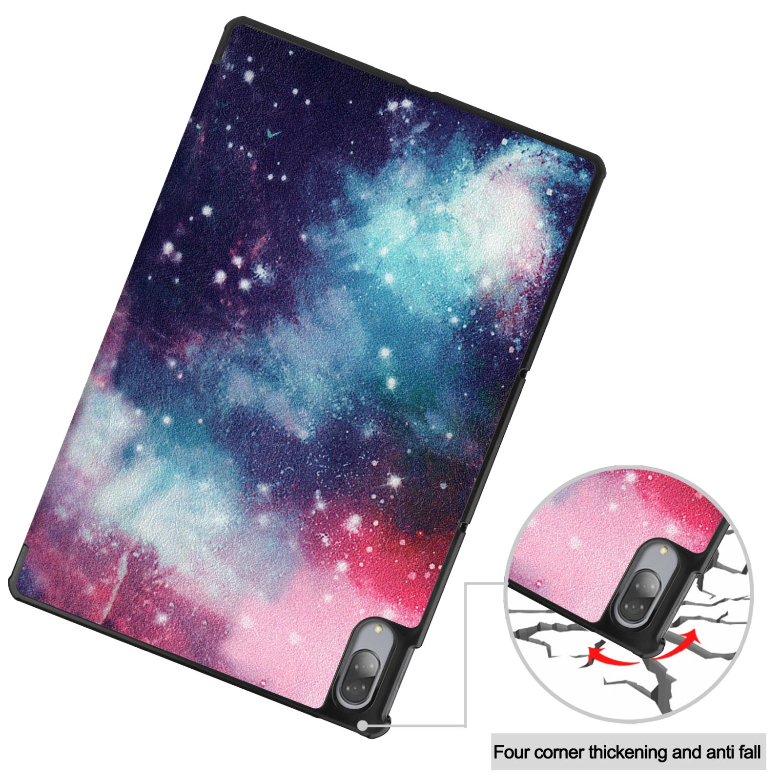Tablethülle mit farbenfrohem Galaxiedesign. Vier Eckverdickungen und Fallschutz.