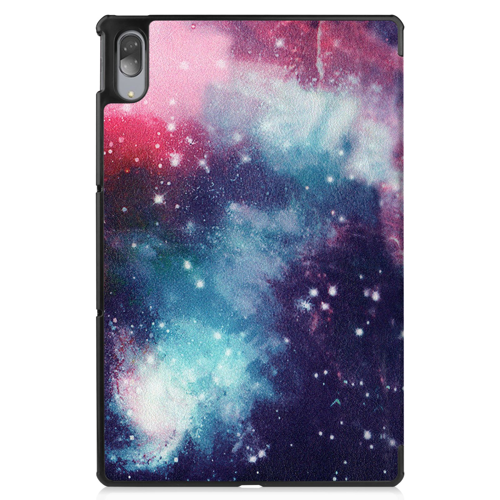 Tablet-Hülle mit buntem Galaxie-Design mit roten, rosa und blauen Farben und Sternen.