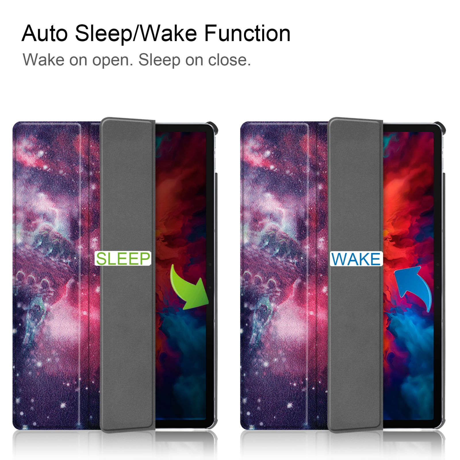 Zwei Tablet-Hüllen mit Weltraum-Design, offen und geschlossen. Sleep/Wake-Funktion wird angezeigt.
