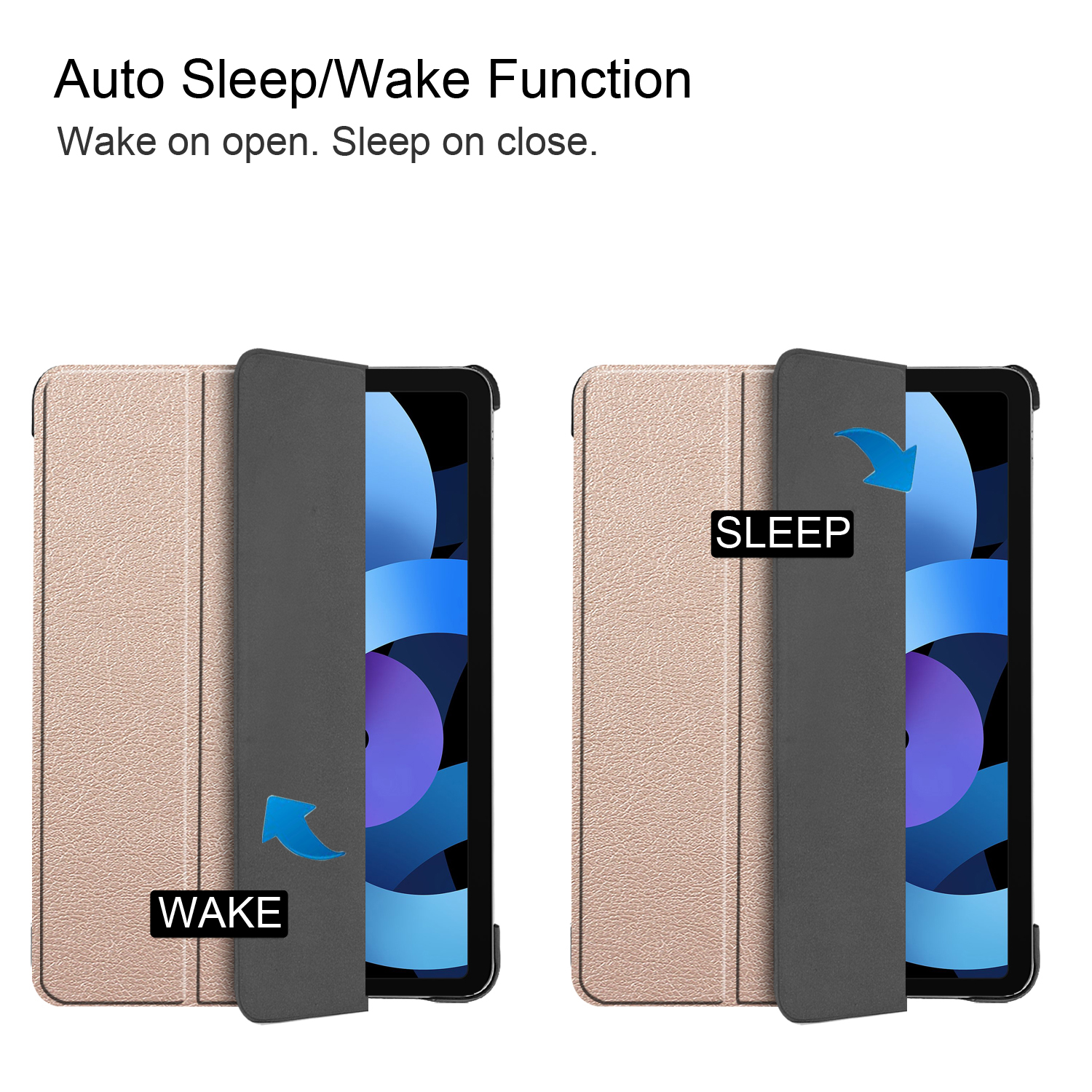 Zwei Tablet-Hüllen, eine offen und eine geschlossen. Die offene Hülle zeigt einen Tablet-Bildschirm mit den Labels 'WAKE' und 'SLEEP'.