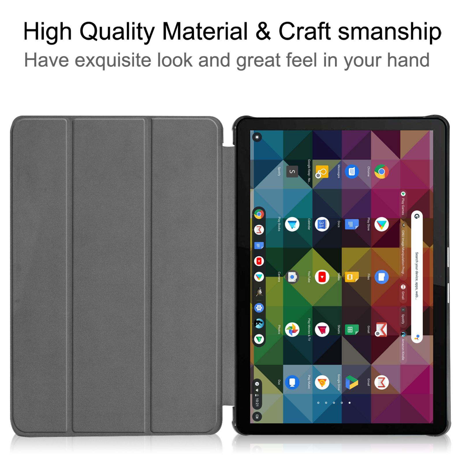 Tablet-Hülle offen, zeigt Tablet mit App-Symbolen. Text: Hochwertiges Material & Verarbeitung.