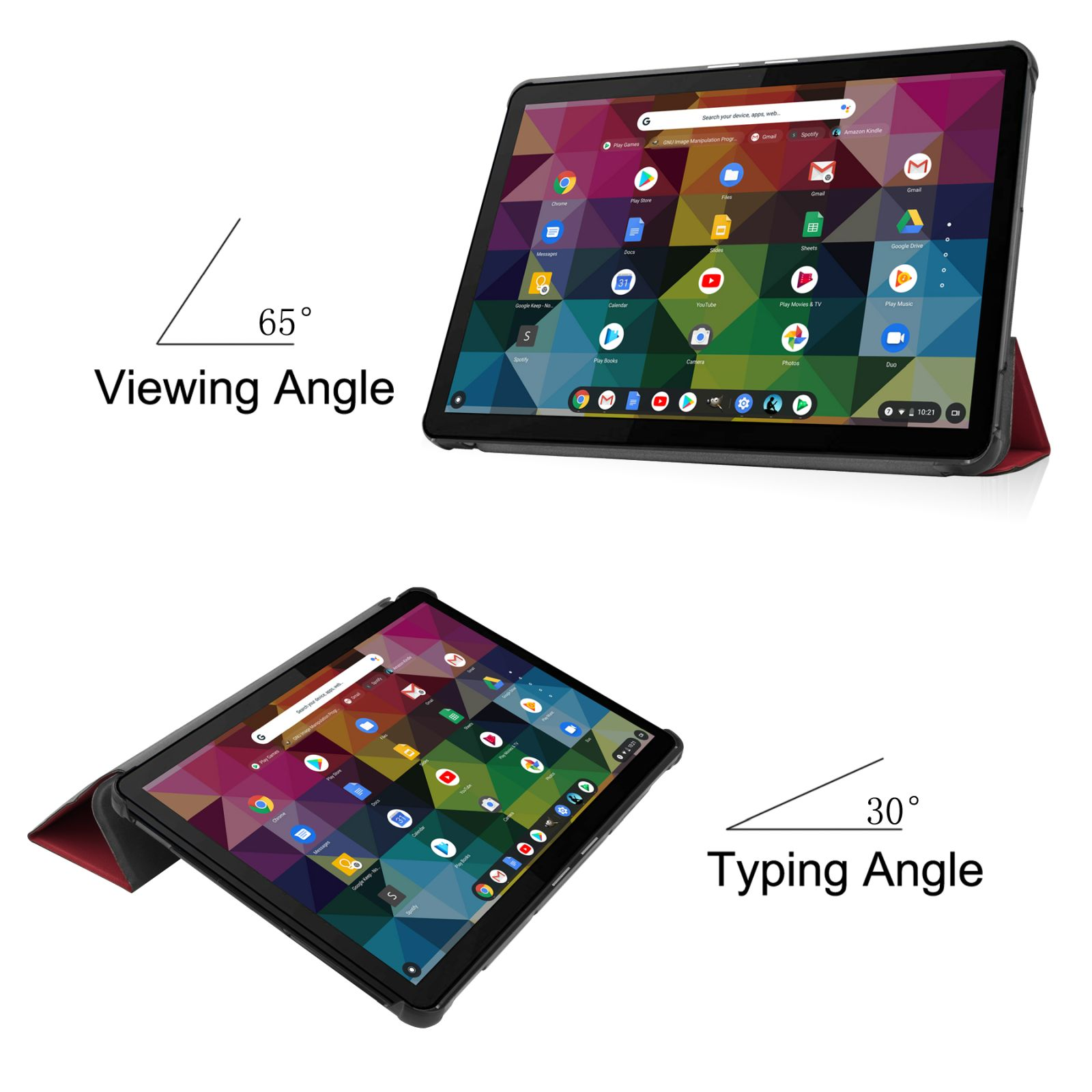 Tablets zeigen Betrachtungs- und Tippwinkel. Beide haben Apps angezeigt. Eines ist aufgestellt.