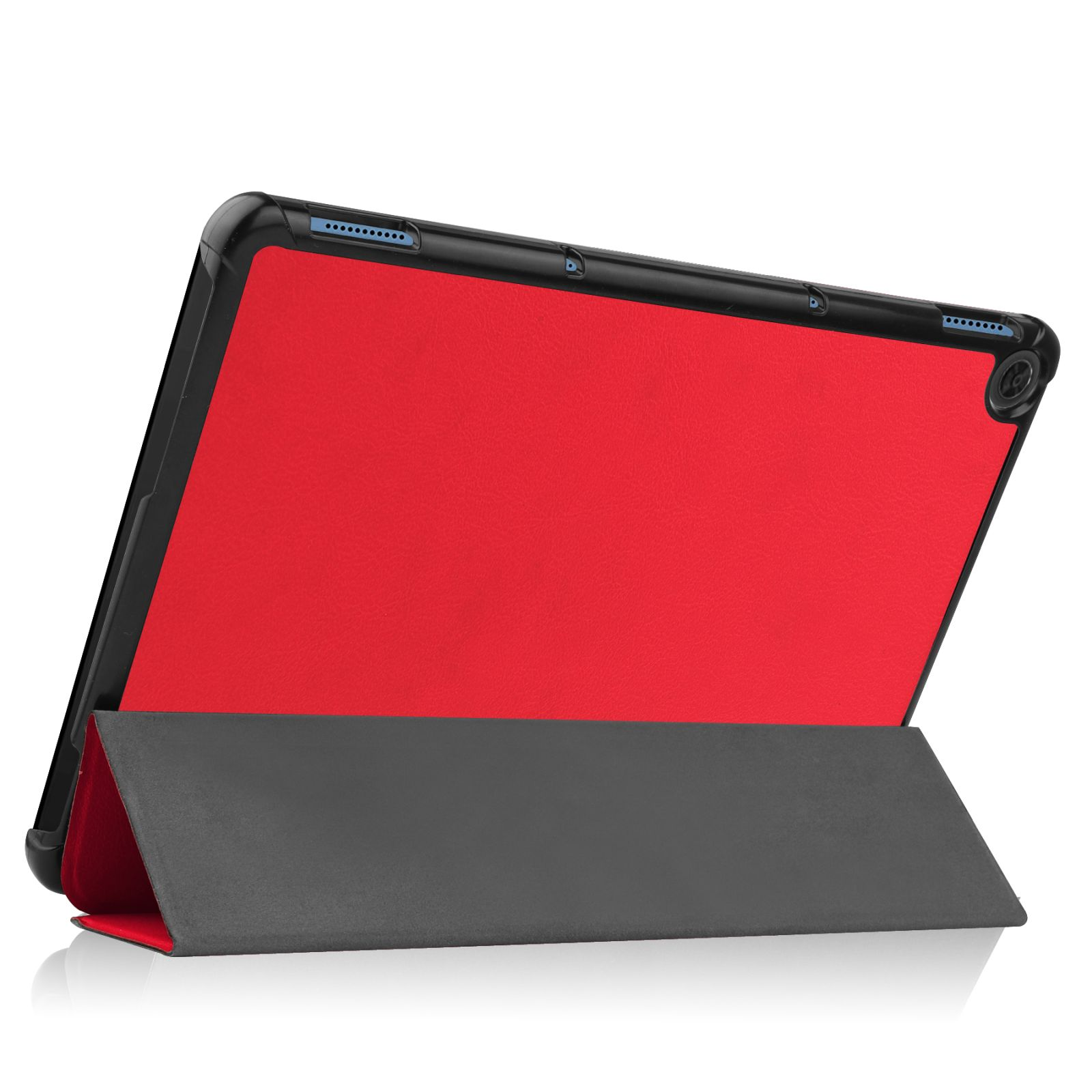 Tablet in roter Hülle mit schwarzem Rahmen, geöffnet, zeigt den Bildschirm.