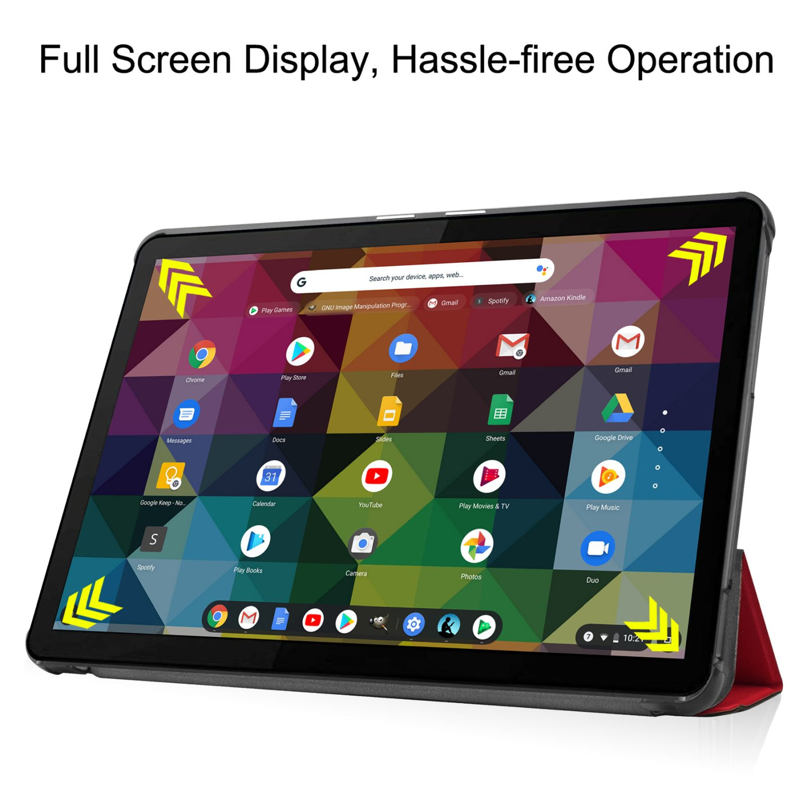 Tablet mit Apps und Pfeilindikatoren. Rote Hülle. Weißer Hintergrund.