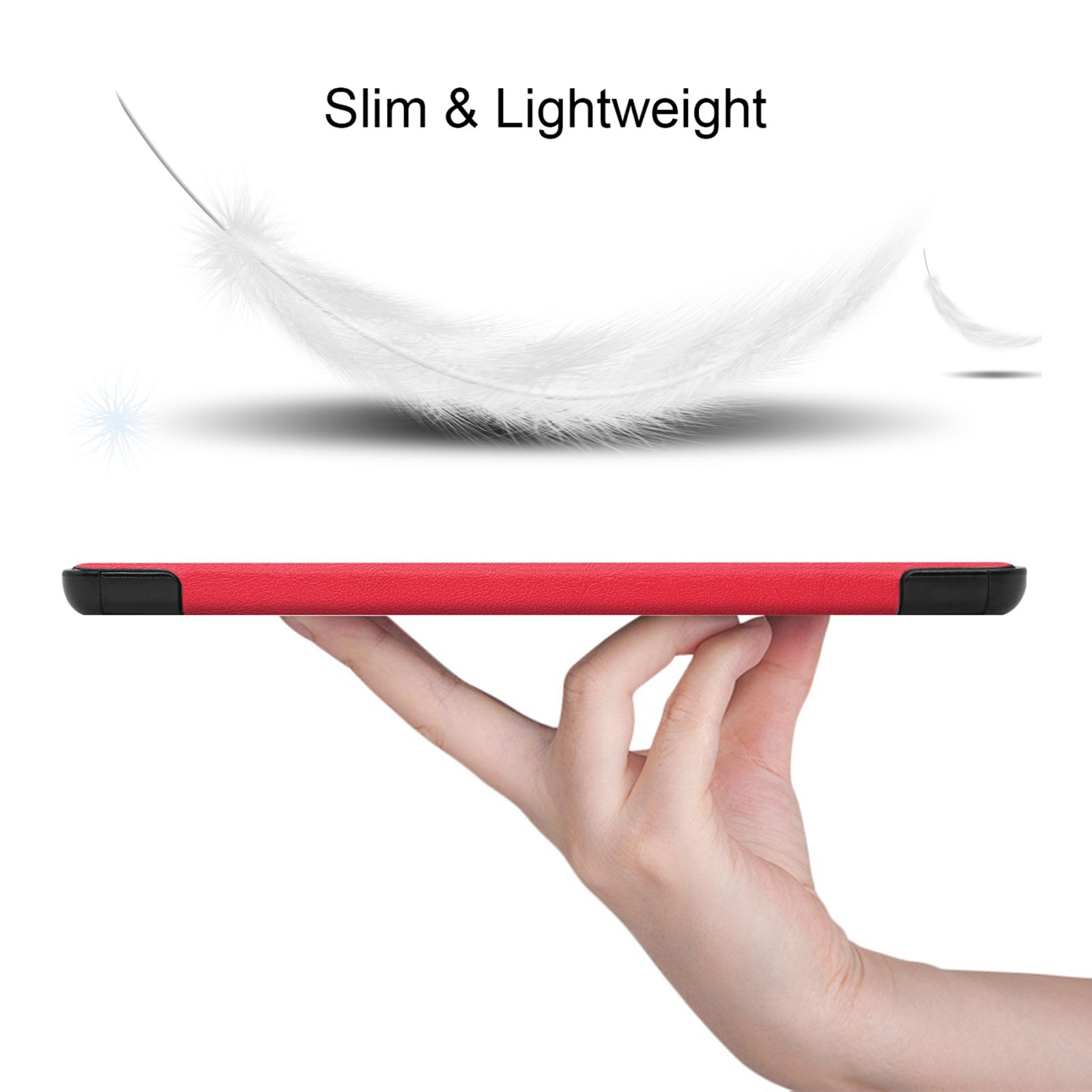 Eine Hand, die ein rotes Tablet hält. Eine weiße Feder schwebt über dem Tablet.