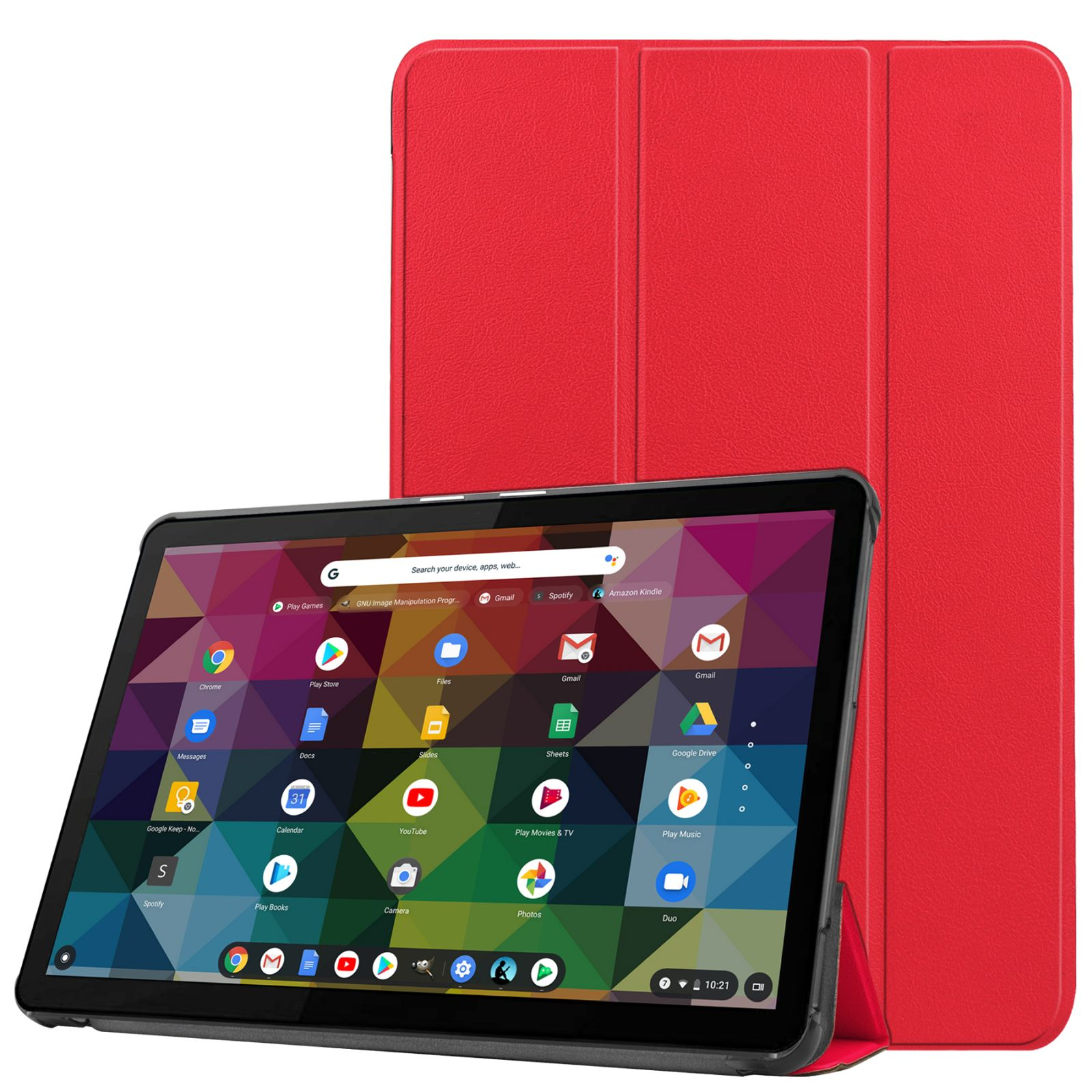 Tablet mit einem Bildschirm, der Apps anzeigt. Es ist in einem roten Gehäuse und aufgestellt. Ein roter Deckel ist dahinter.