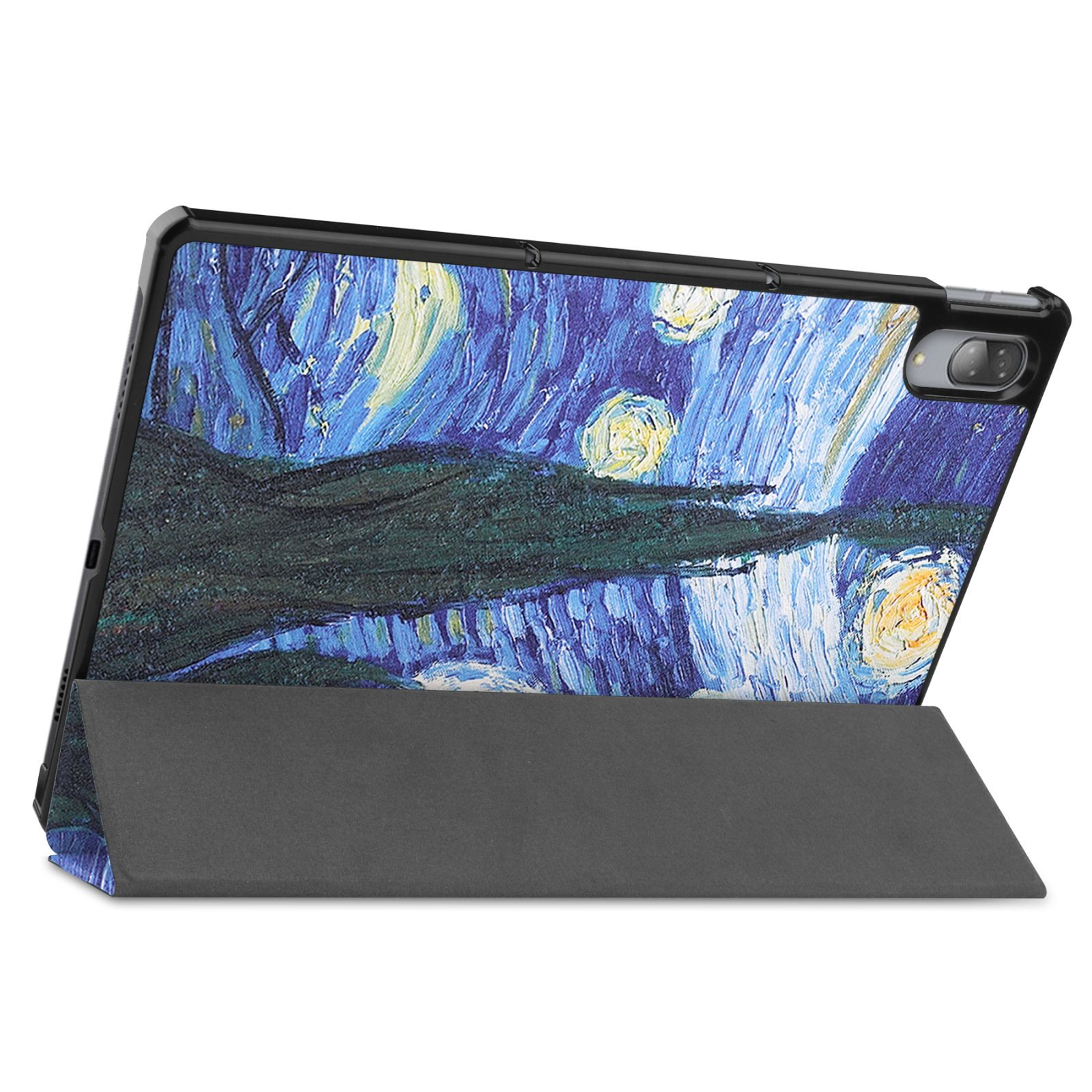 Tablethülle mit Van Goghs 'Sternennacht'. Schwarzer Rahmen, Ständer.