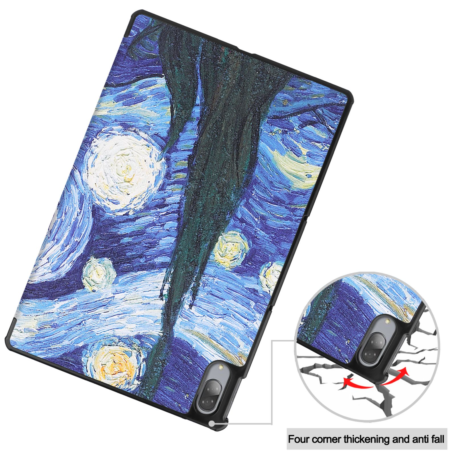 Tablethülle mit Van Goghs Sternennacht-Kunst, Eckdetail. Anti-Fall-Funktion. Weißer Hintergrund.