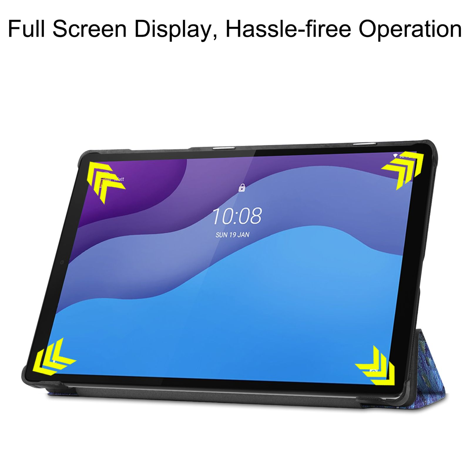 Tablet-Bildschirm mit Uhrzeit, umgeben von einer schwarzen Hülle, mit zurückgeklappter Abdeckung. Text: Full Screen Display.