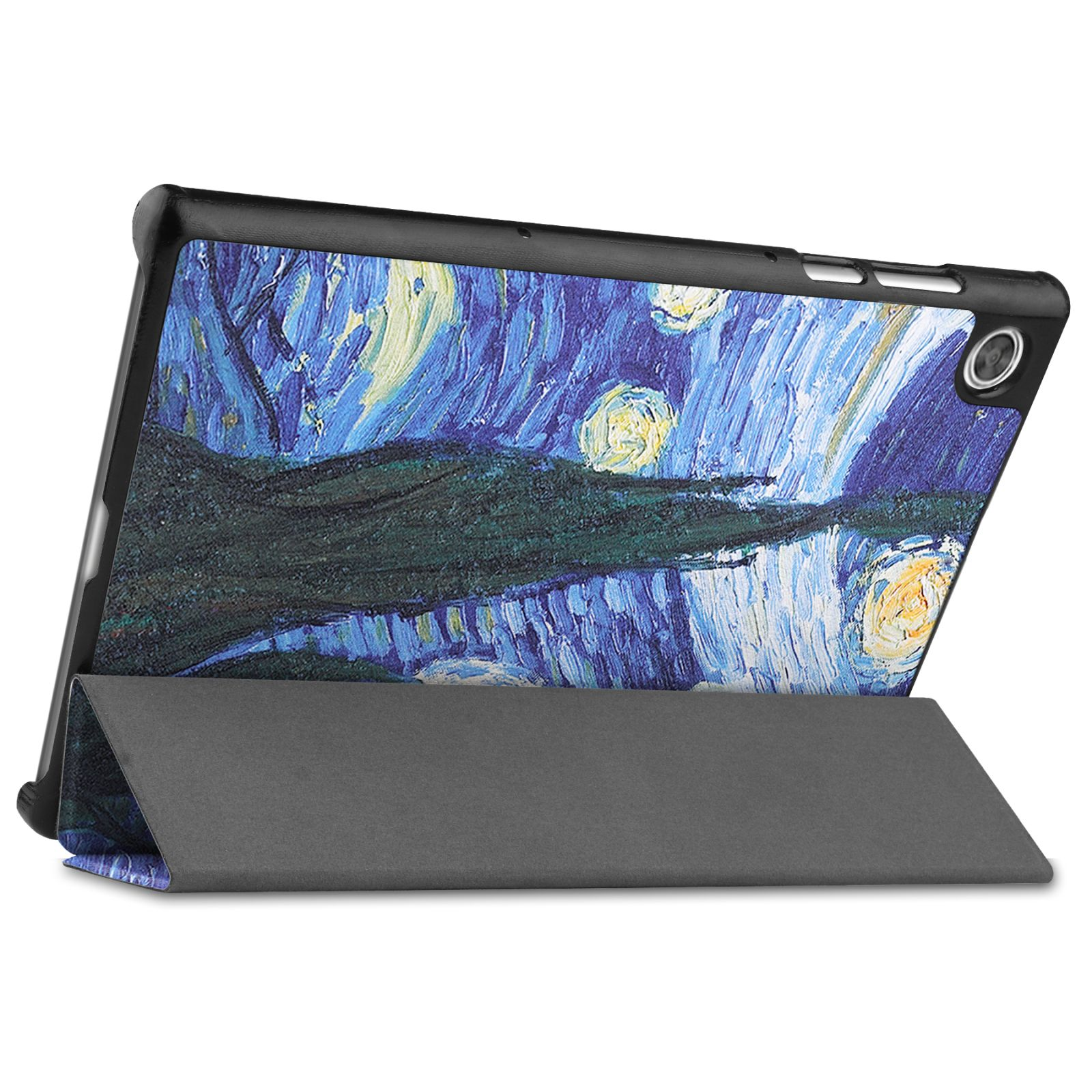Tablethülle mit Van Gogh-Gemälde. Tablet ist aufgeklappt. Grauer Ständer, schwarzer Rahmen.