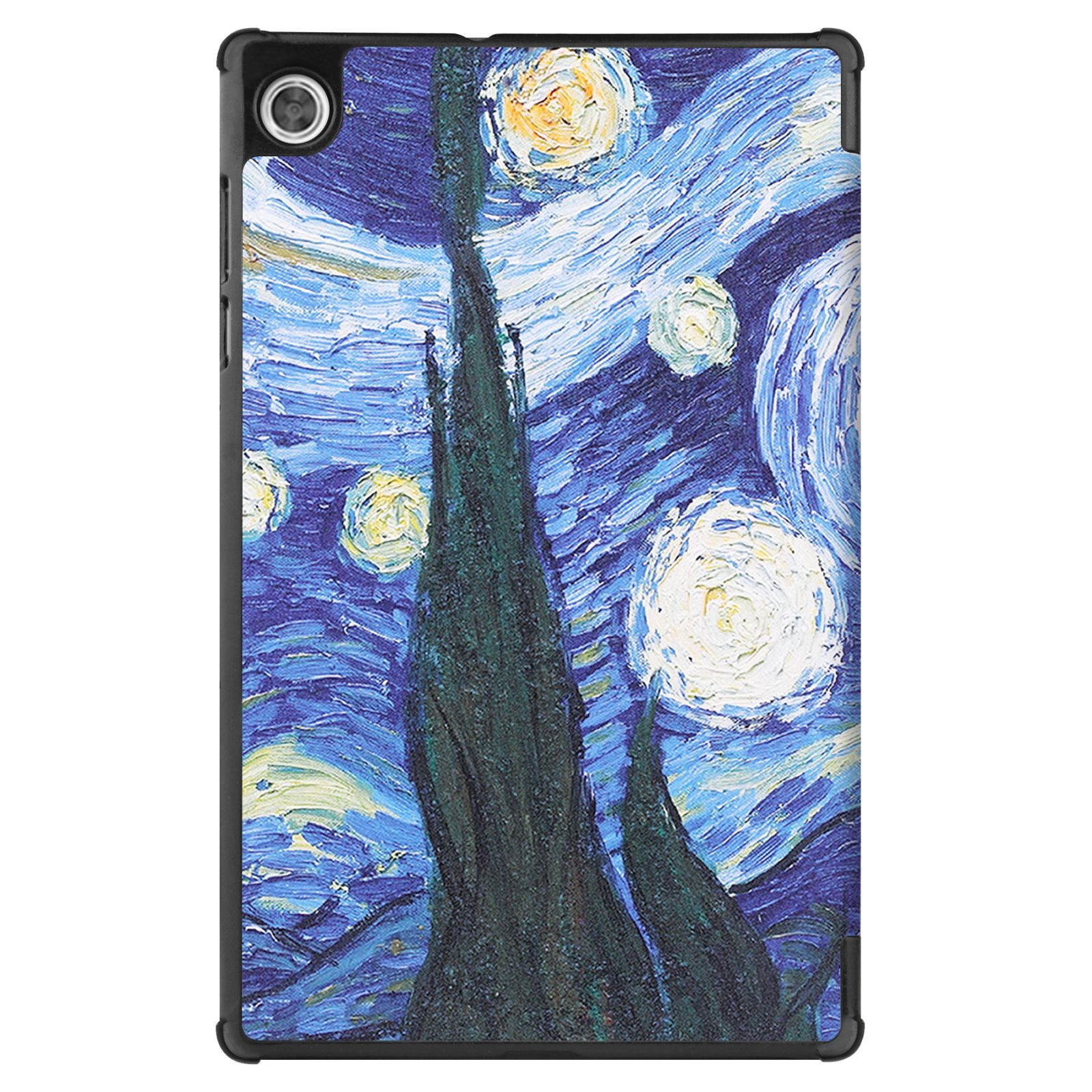 Eine Tablethülle. Sie zeigt ein Gemälde von Van Gogh, Sternennacht. Die Hülle liegt auf einer weißen Oberfläche.