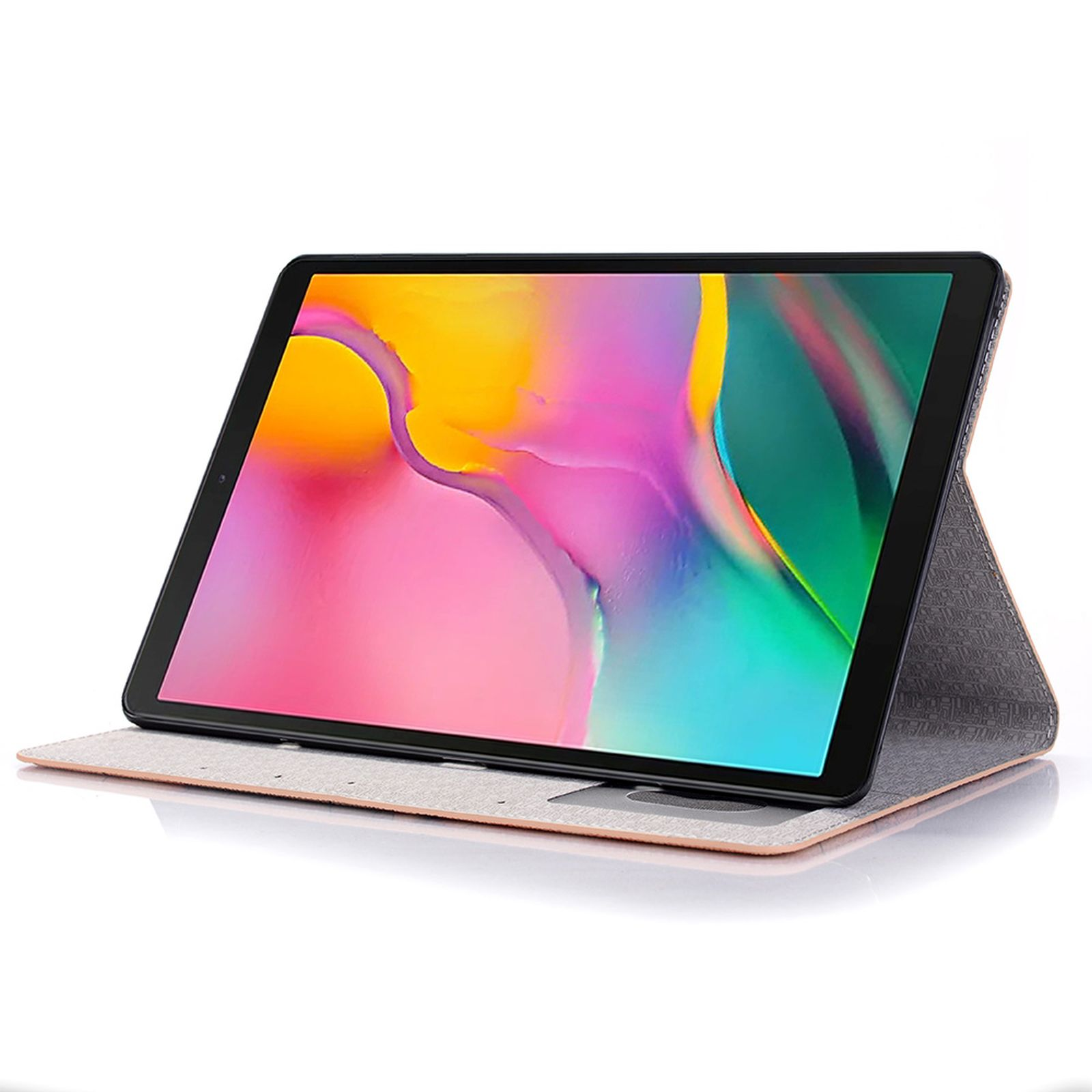Ein Tablet in einer Hülle auf einem Tisch. Der Bildschirm zeigt farbenfrohes Bild. Hülle hellgrau/beige.