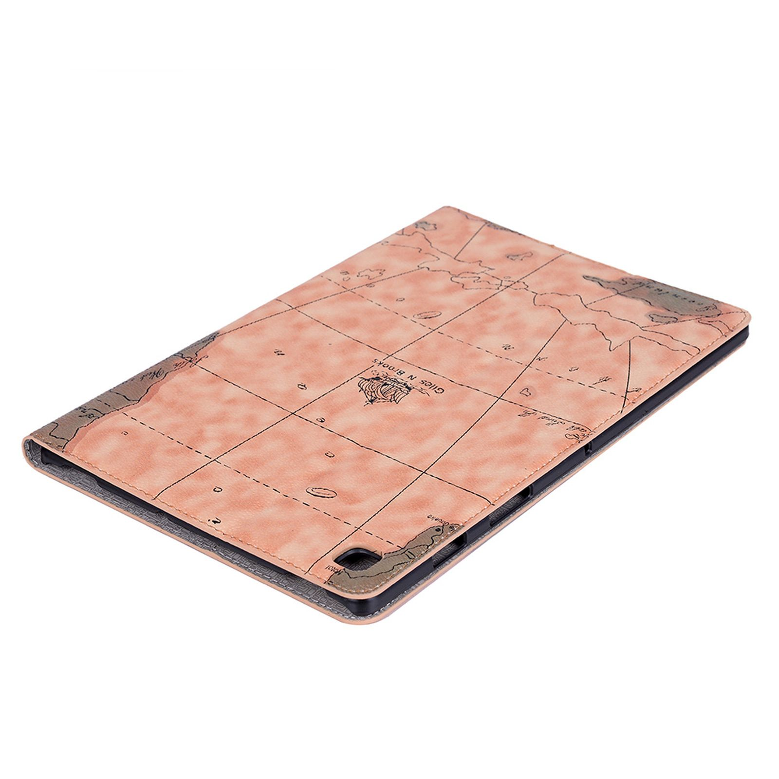 Tablet-Hülle mit Kartendesign. Die Hülle ist offen und in Rosa gehalten.