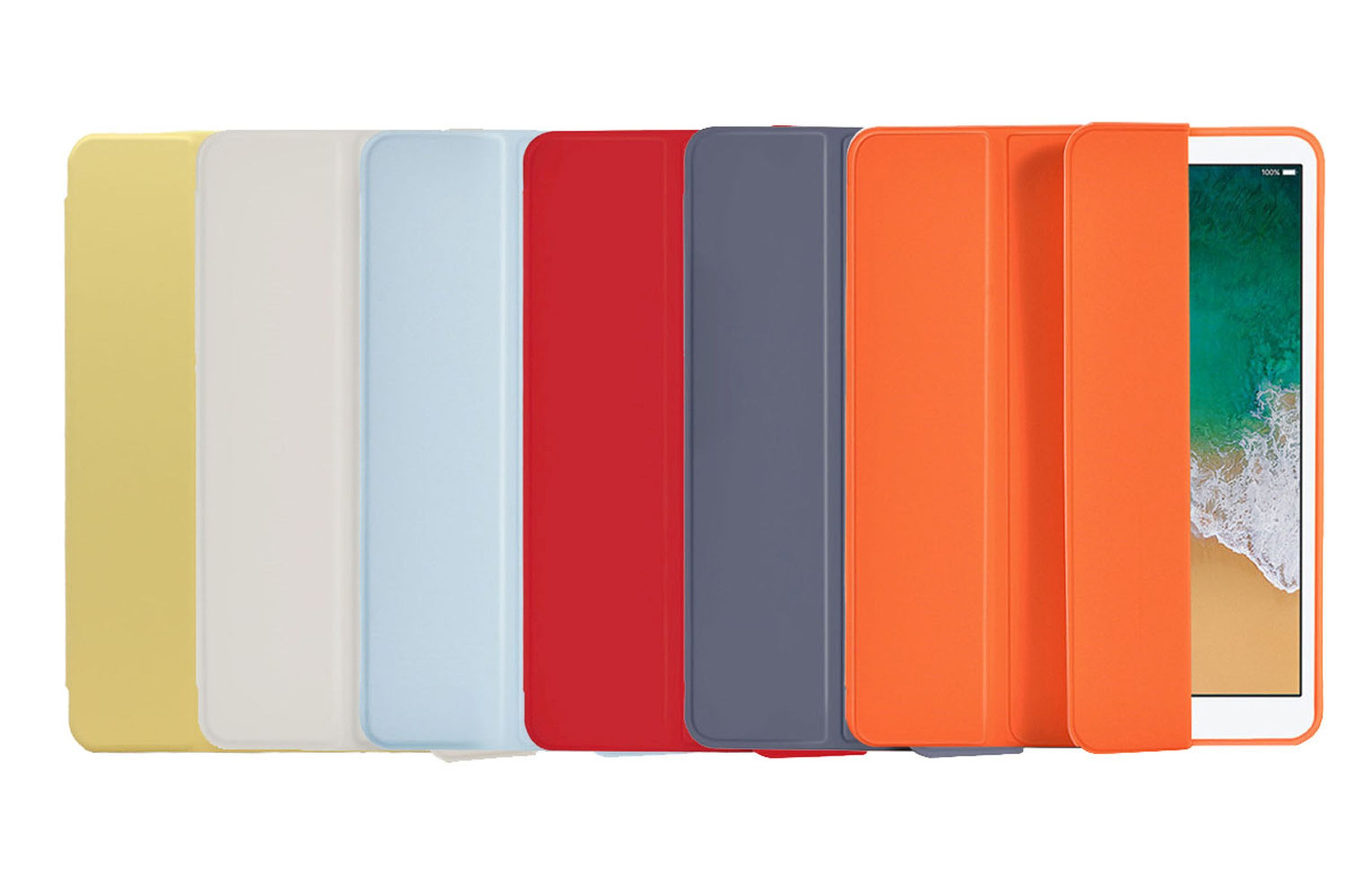 Tablets in verschiedenen Farben: Gelb, Weiß, Blau, Rot, Grau, Orange. Eines mit Bildschirm.