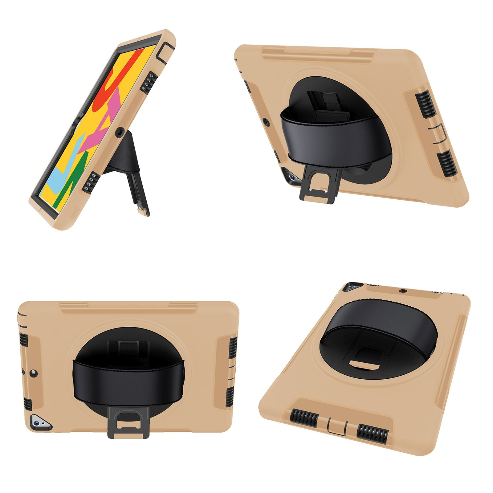 Beige Tablethülle mit Ständer und Handschlaufe, aus mehreren Blickwinkeln gezeigt.