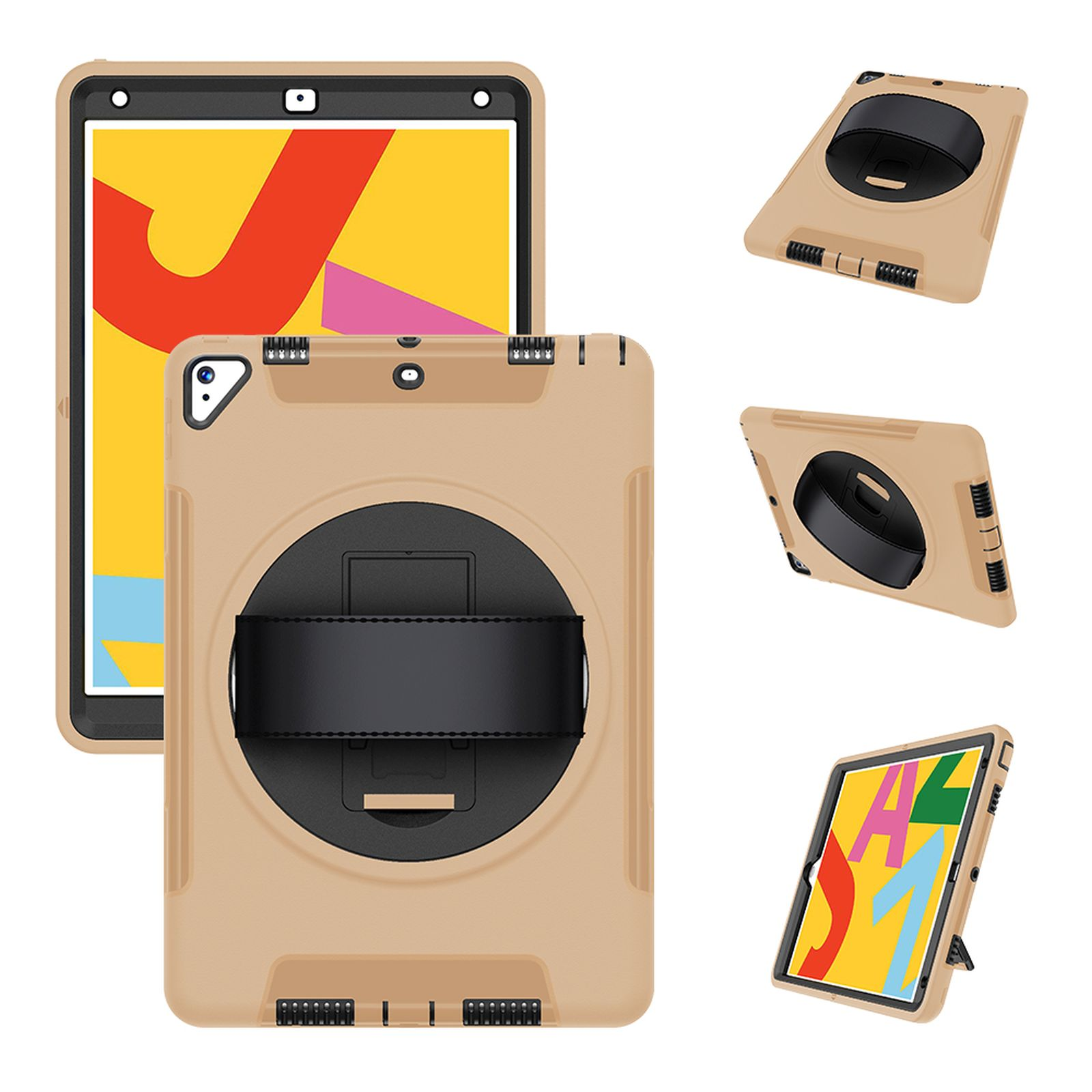 Tablet mit beiger Hülle, verschiedene Winkel. Hülle hat Handschlaufe und Ständerfunktion.