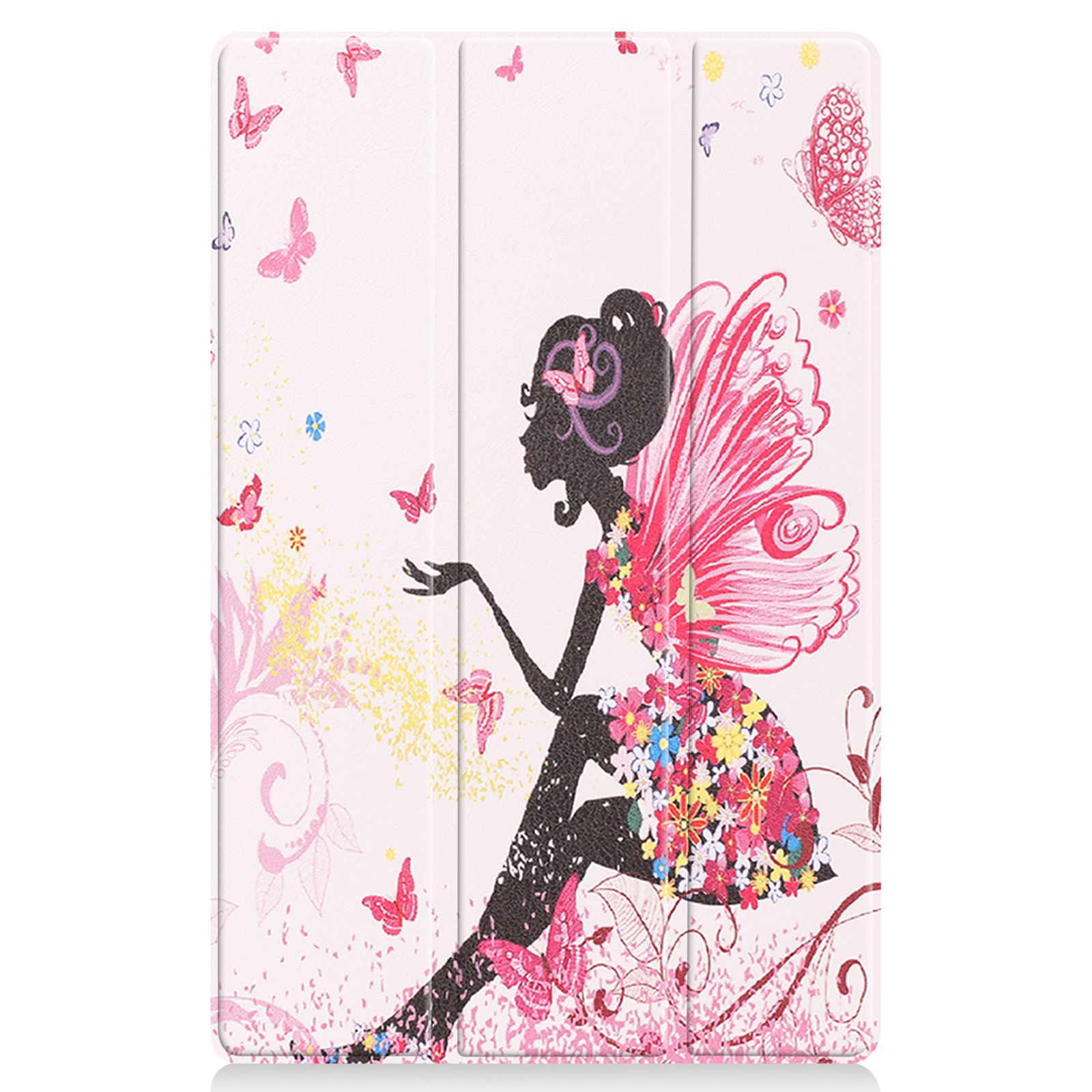 Tablethülle mit einer Fee auf dem Cover mit rosa Flügeln und Blumen.