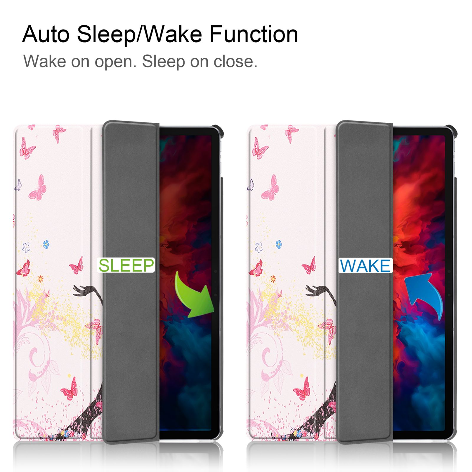 Tablethülle mit floralem Design. Die Hülle zeigt die Schlaf-/Weckfunktion.