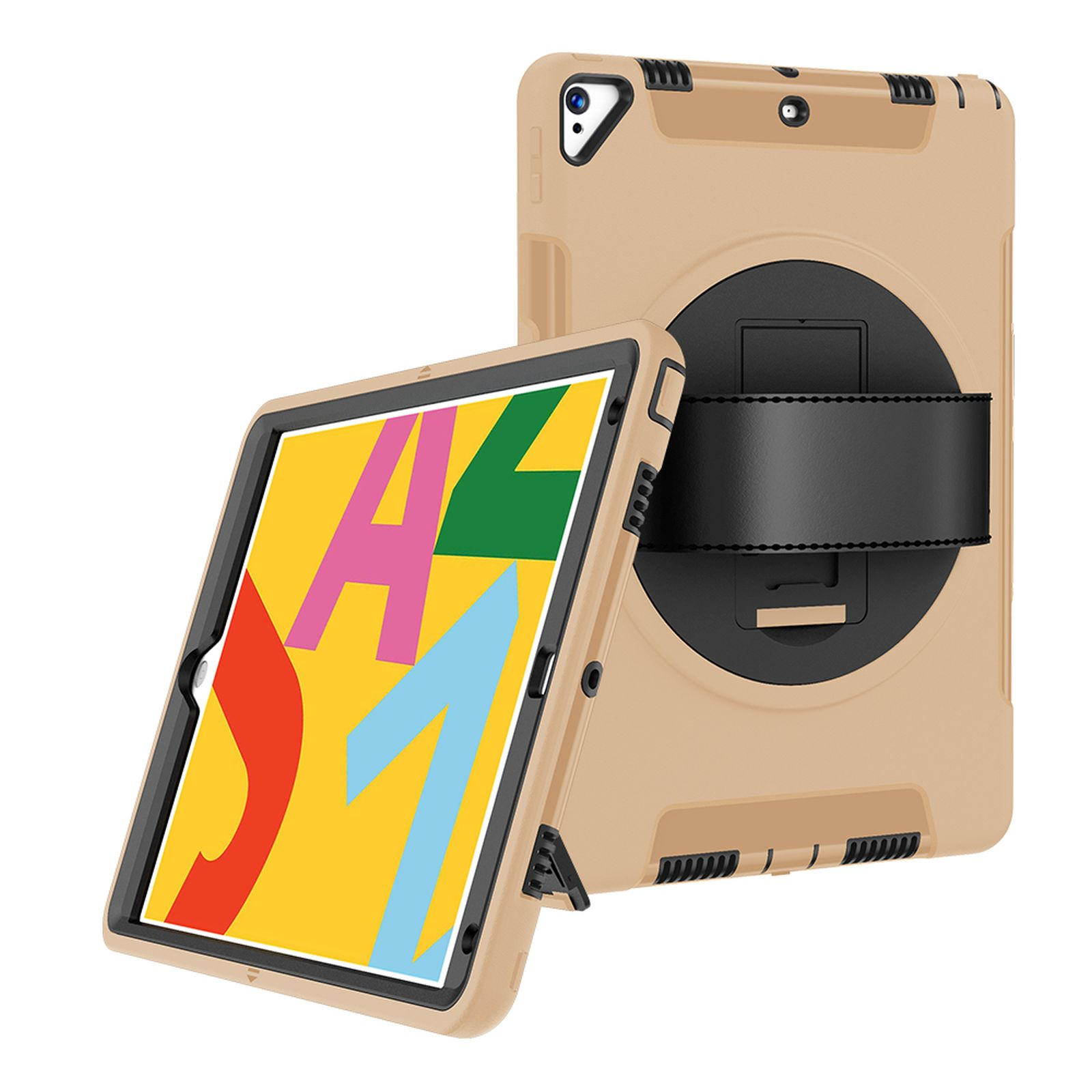 Hellbraune Tablethülle mit Tablet. Vorder- und Rückansicht sichtbar.