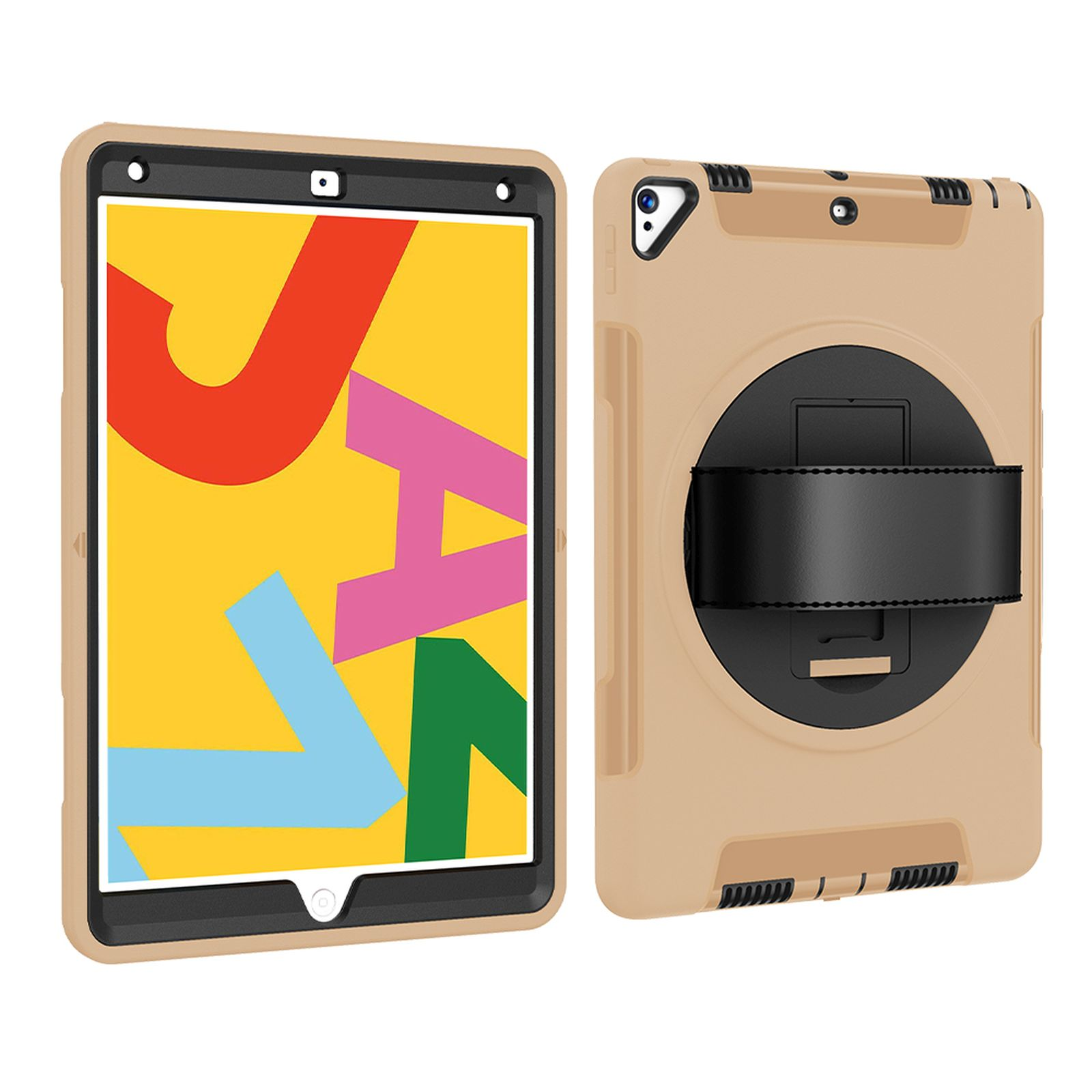 Ein beiges Tablet in einer Hülle, das eine bunte Anzeige zeigt. Die Hülle hat eine Handschlaufe auf der Rückseite.