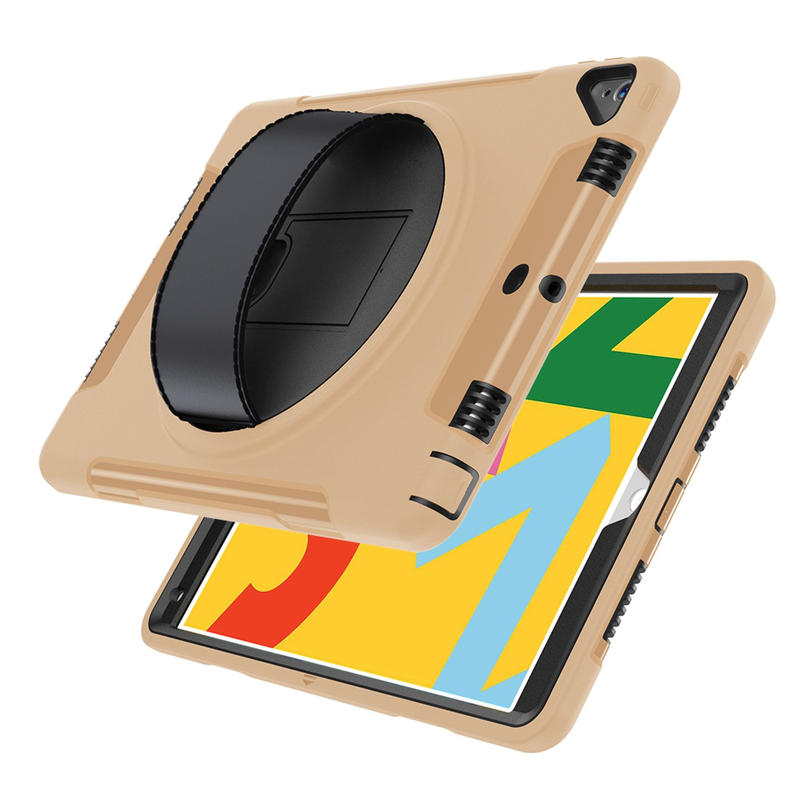 Beige Tablethülle mit Handschlaufe, über einem Tablet mit bunten geometrischen Formen auf weißem Hintergrund.