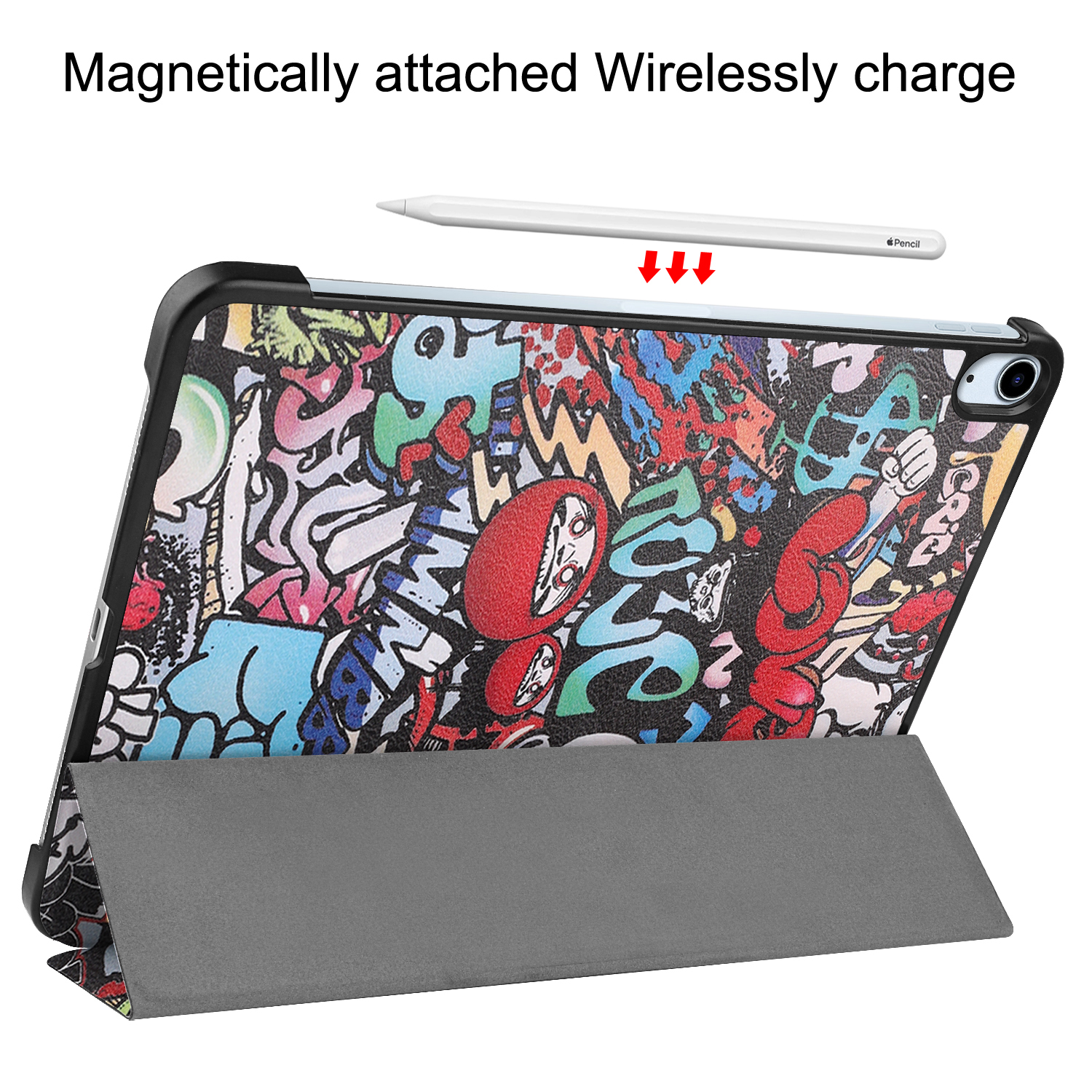 Tablet im Etui mit Graffiti-Kunst. Stift oben befestigt. Pfeile weisen auf das Laden hin.