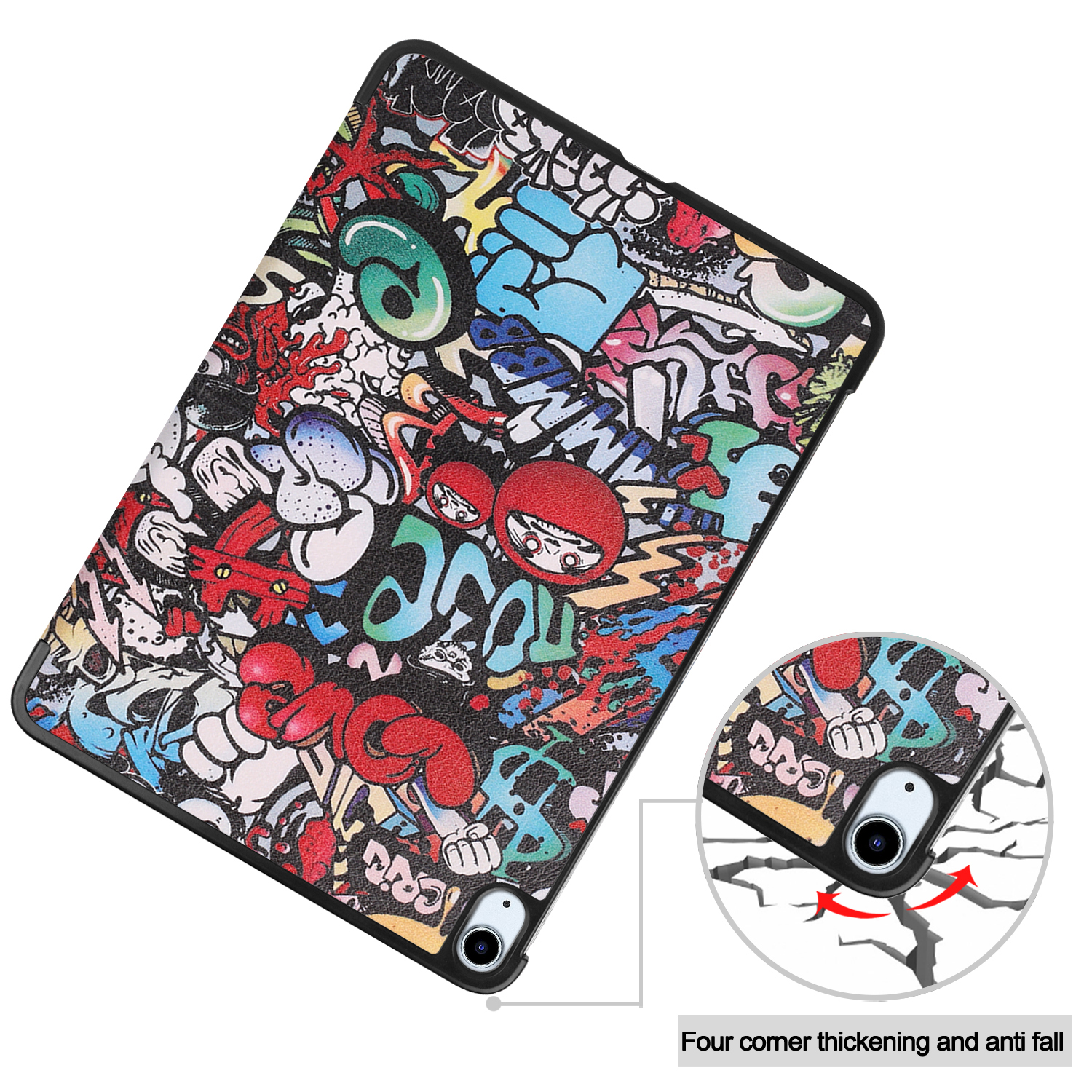 Tablethülle mit buntem Graffiti-Design. Die Hülle hat ein Schutzdesign und verstärkte Ecken.