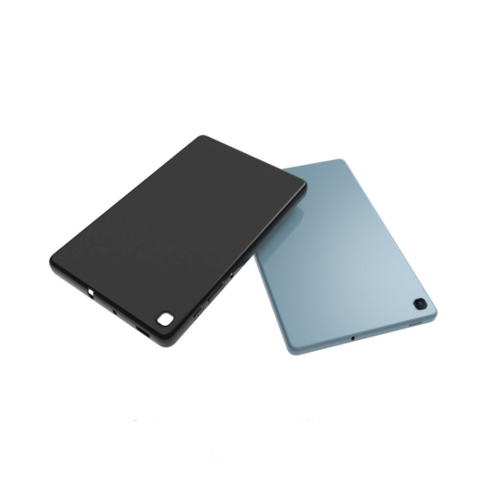 Zwei Tablets, eines schwarz und eines hellblau, liegen auf einer weißen Oberfläche.