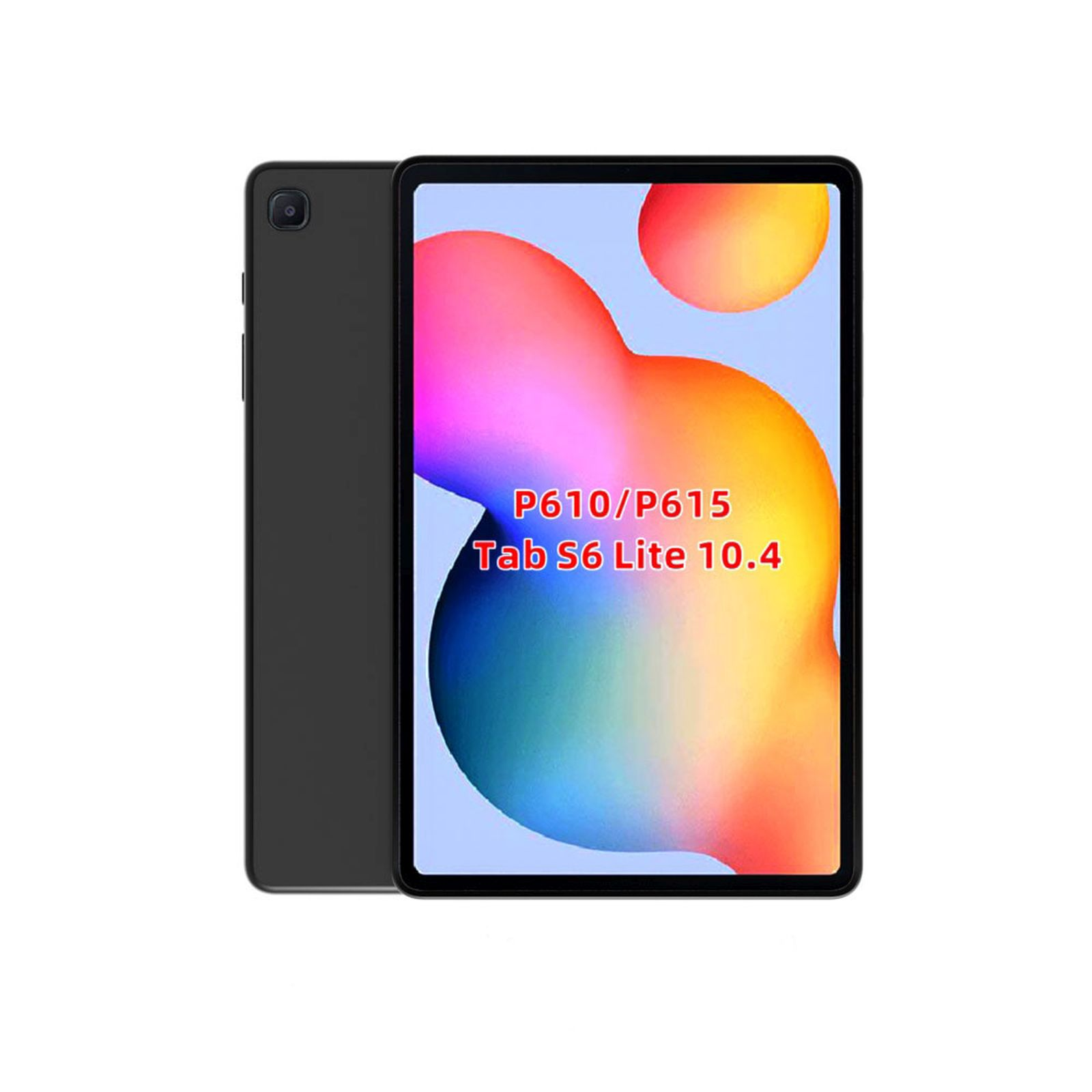 Tablet mit Bildschirm mit farbenfrohem Design. Text auf dem Bildschirm: P610/P615 Tab S6 Lite 10.4. Schwarzer Rahmen.